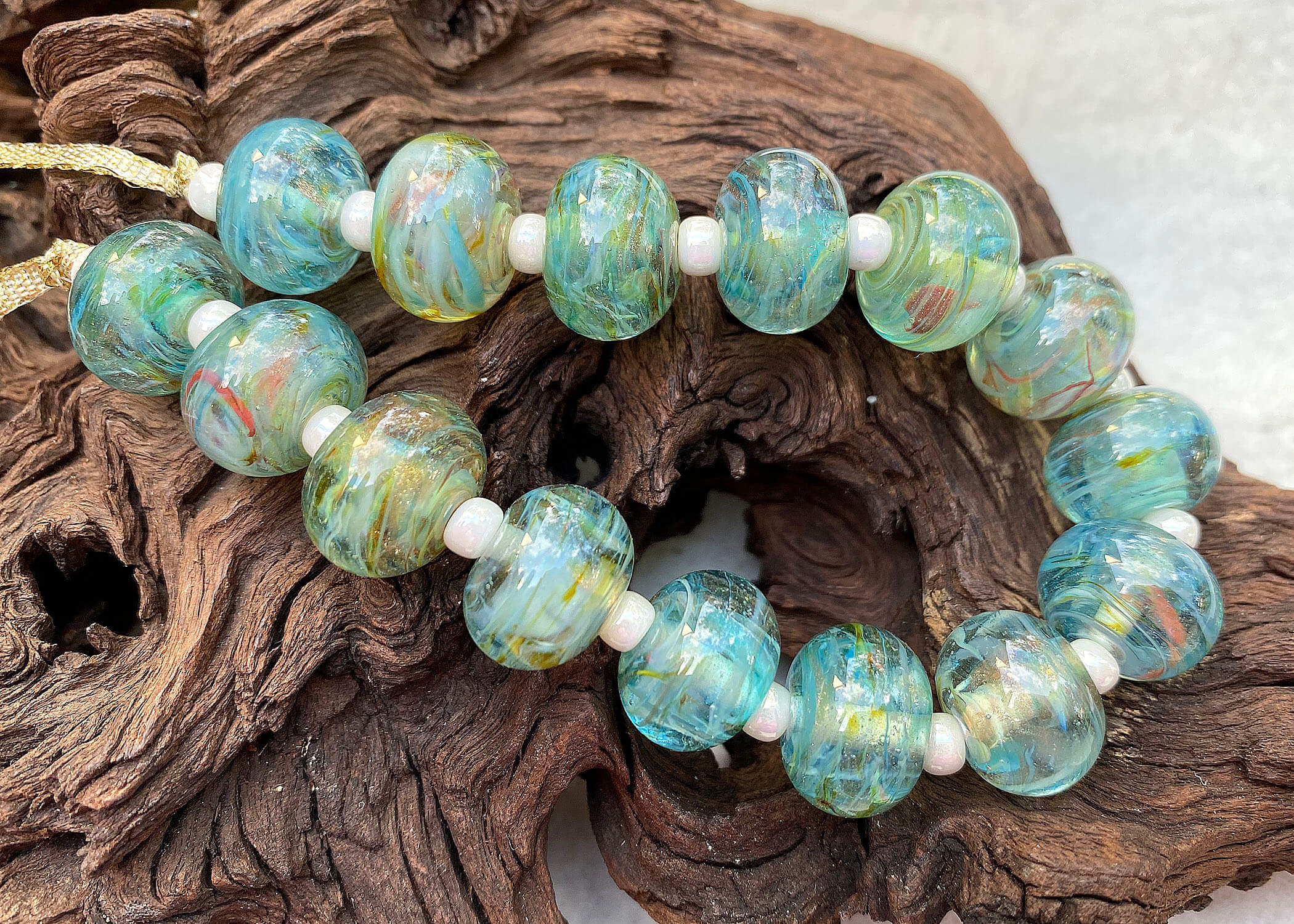 15-Piece Shimmering Aqua Gold Lampwork Glass Beads Set for Jewelry Making - DIY Bracelets, Necklaces & Earrings - Handmade Artisan Craft Supplies for Beading Projects