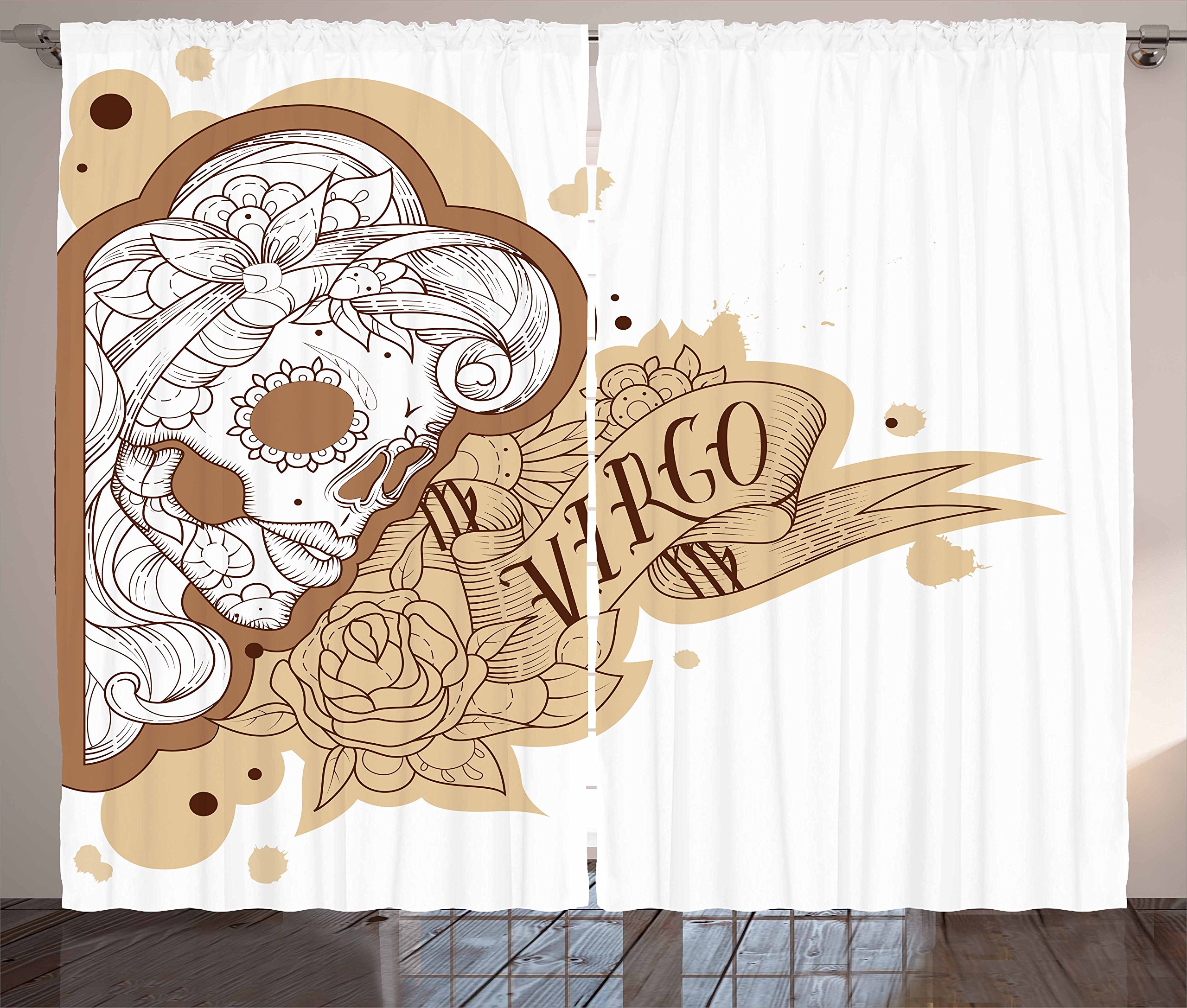 Ambesonne Zodiac Virgo Gothic Sugar Skull Tattoo Curtains - Mexican Female Portrait Horoscope Window Drapes for Living Room & Bedroom (2 Panels, 108x84 Inches, Pale Brown/White) - Perfect for Gothic Decor, Halloween & Boho Chic Home Styling