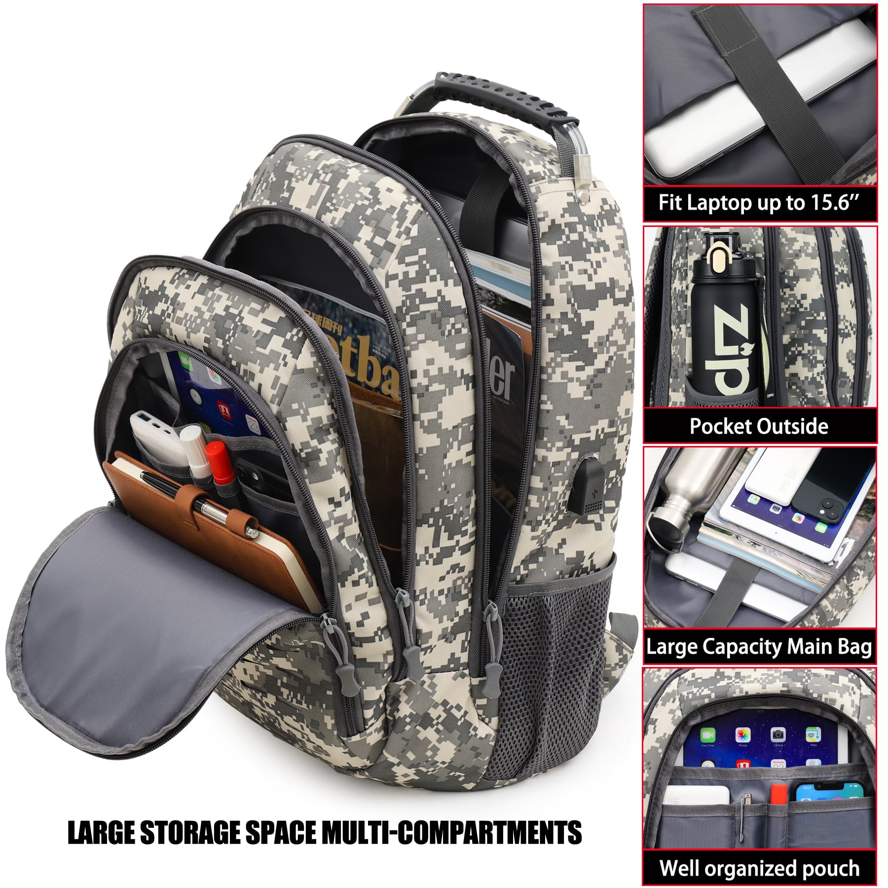 Camo Backpack for Boys & Teens - 40L Tactical School Bookbag with USB Charging Port - Durable Outdoor Hiking Backpack for School, Travel & Camping Adventures