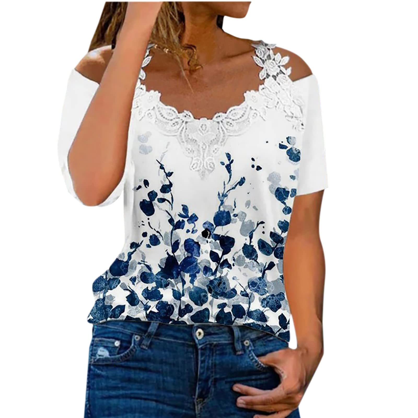 Women's Off Shoulder Tops - Summer V Neck Lace Short Sleeve Blouse, Casual Loose Cold Shoulder Shirt for Beach, Party & Date Night Outfits