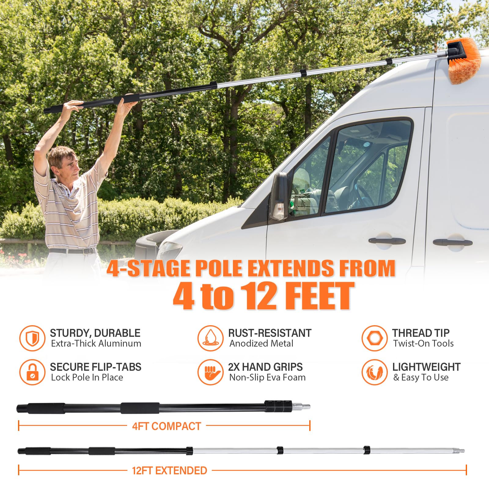 4-12ft Car Cleaning Kit - Ultimate RV & Truck Washing Set with Soft Wash Brush, Tire Brush, Window Squeegee, Wash Mitt & Microfiber Head | Heavy-Duty Aluminum Extension Pole | Perfect for RV, Truck, SUV & Home Vehicle Washing