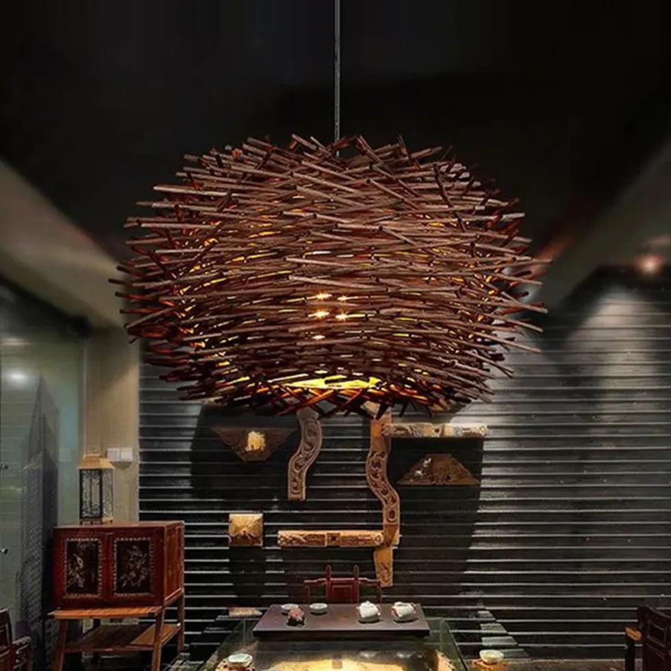 Modern Wooden Stick Spherical Pendant Light - Handcrafted Rattan Chandelier for Dining Room, Kitchen Island & Bedroom Lighting - Eco-Friendly Natural Wood Ceiling Lamp