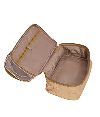 DMS RETAIL 2 Compartment Travel Makeup Bag for Women - Cosmetic Organizer & Jewelry Pouch in Gold - Perfect for Travel, Gym, and Daily Essentials Storage