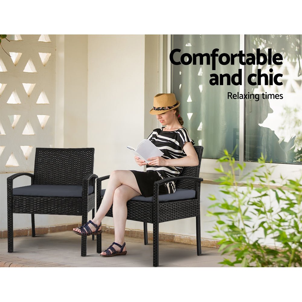3-Piece Bistro Set Outdoor Patio Furniture - Rattan Table & Chairs with Cushions - Perfect for Garden, Balcony or Backyard Dining