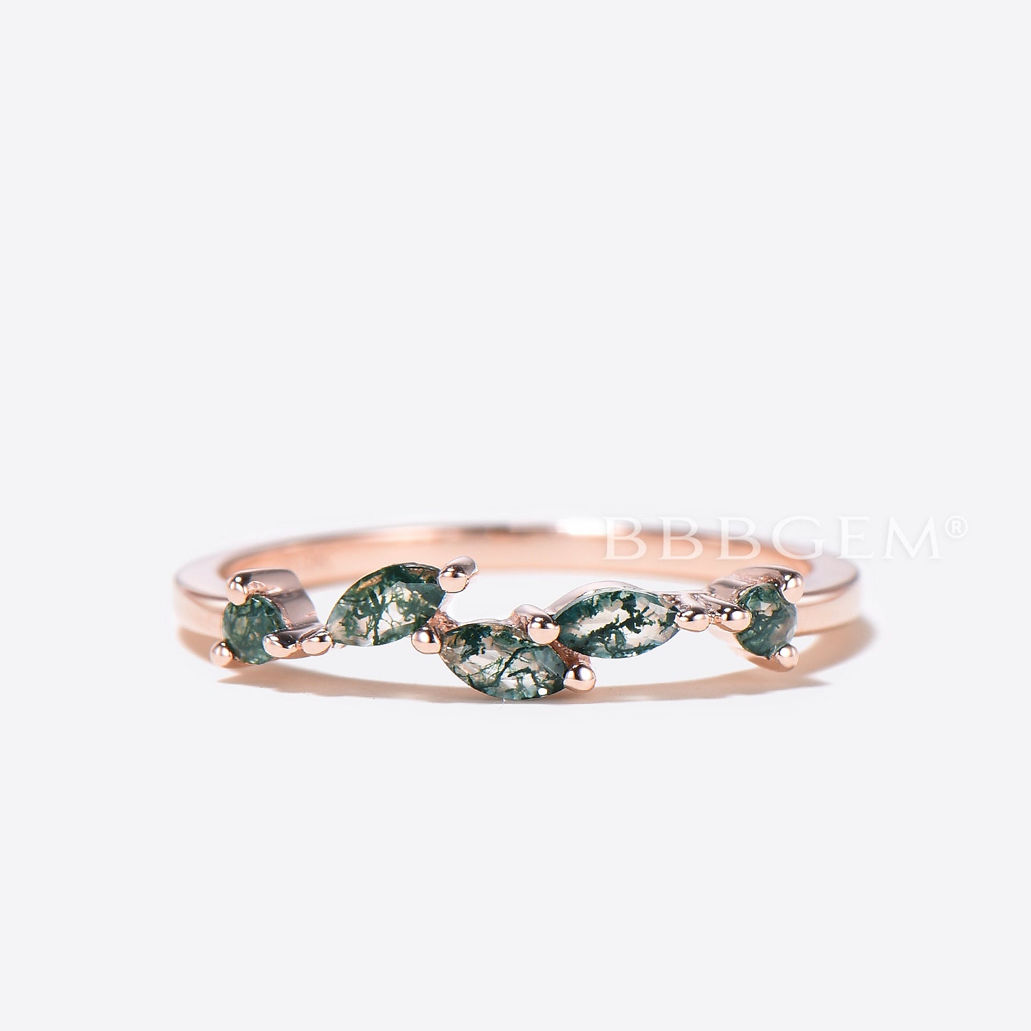 Marquise Cut Natural Green Moss Agate Wedding Band - Minimalist Stackable Ring for Women - Perfect for Engagement, Anniversary & Everyday Wear