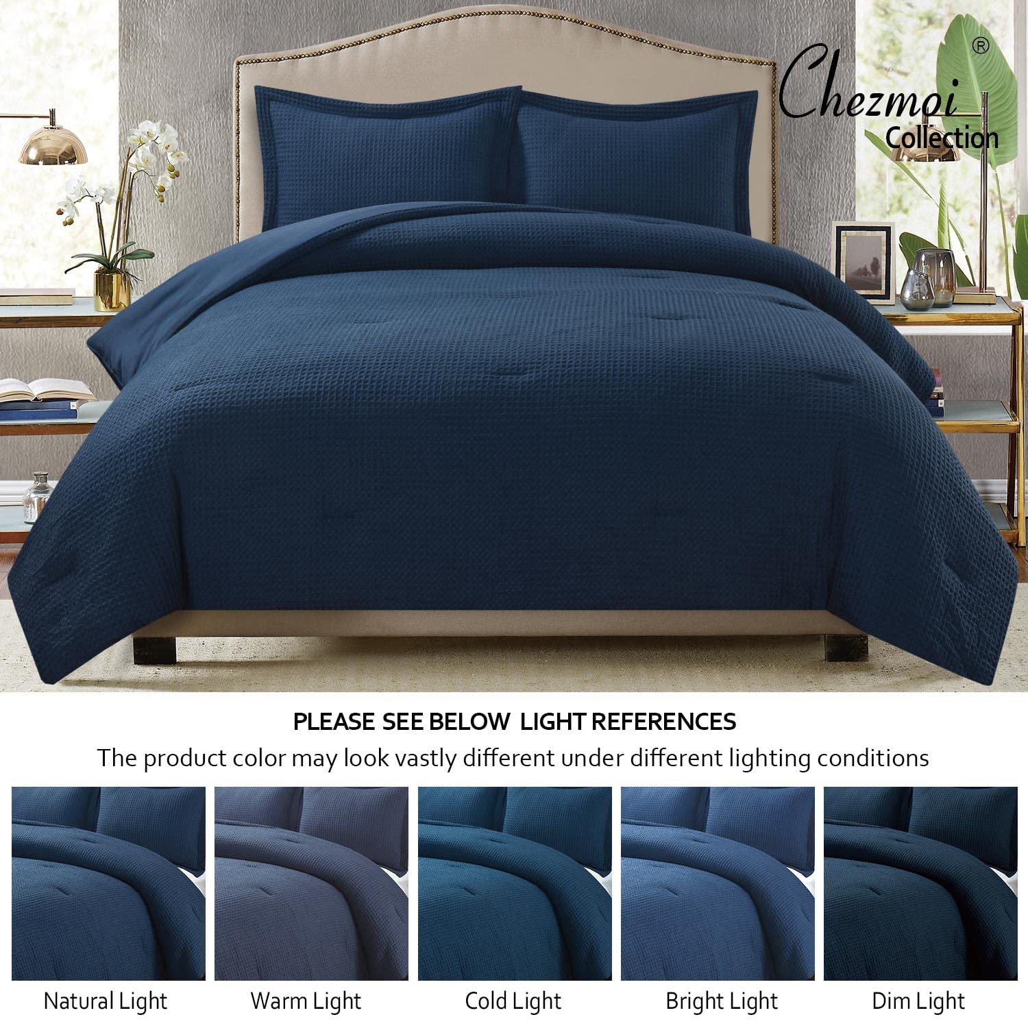 Chezmoi Collection Wilmer 3-Piece Waffle Weave Comforter Set - Ultra Soft & Breathable All-Season Bedding for Queen Size Bed, Navy Blue | Perfect for Master Bedroom, Guest Room & Cozy Home Decor