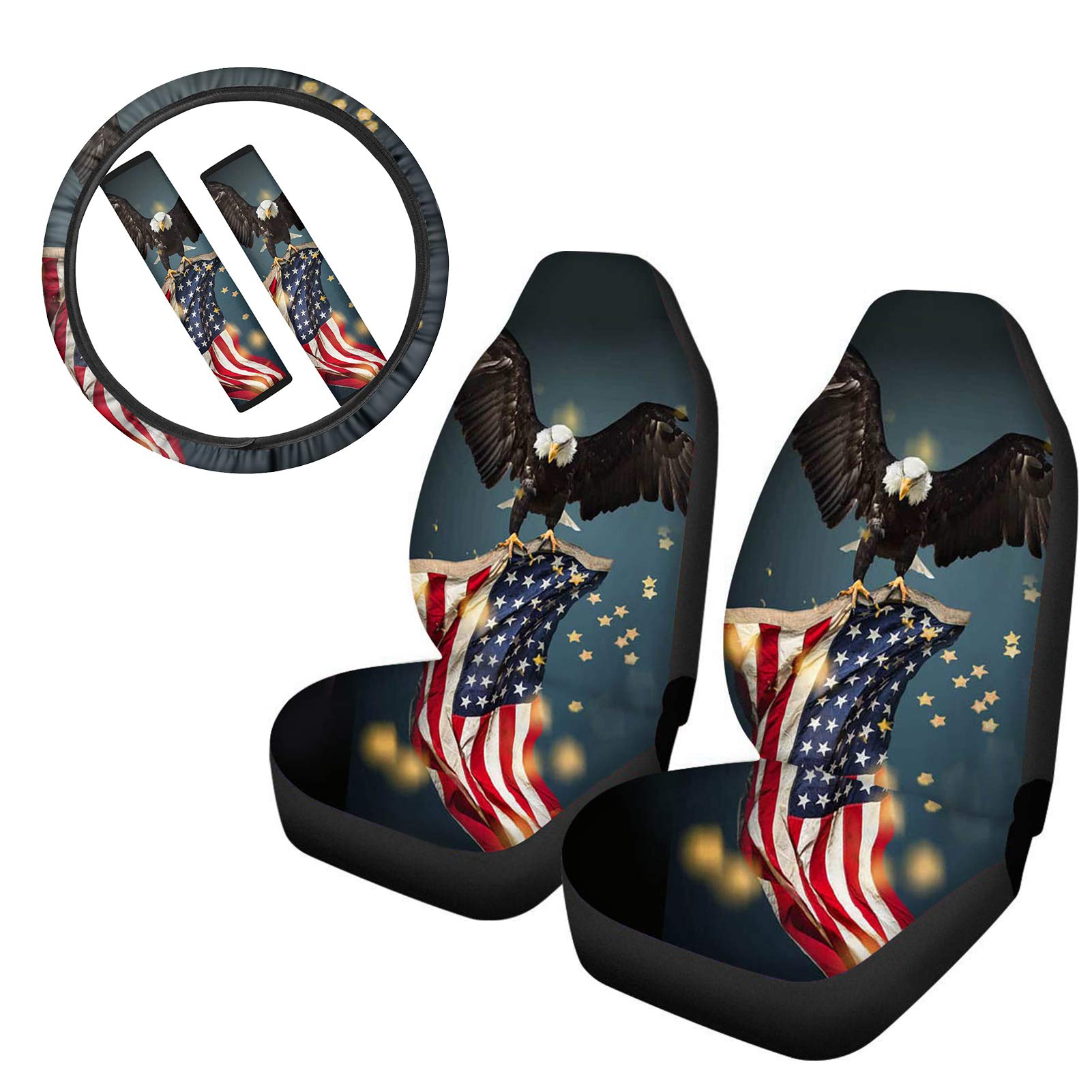 Patriotic American Flag Eagle Print Car Seat Covers Set - Front Seat Protector Cushion, Stretch-On Steering Wheel Cover & Seat Belt Shoulder Pads (5-Piece Set) | Perfect for 4th of July, Veterans Day & Patriotic Car Decor
