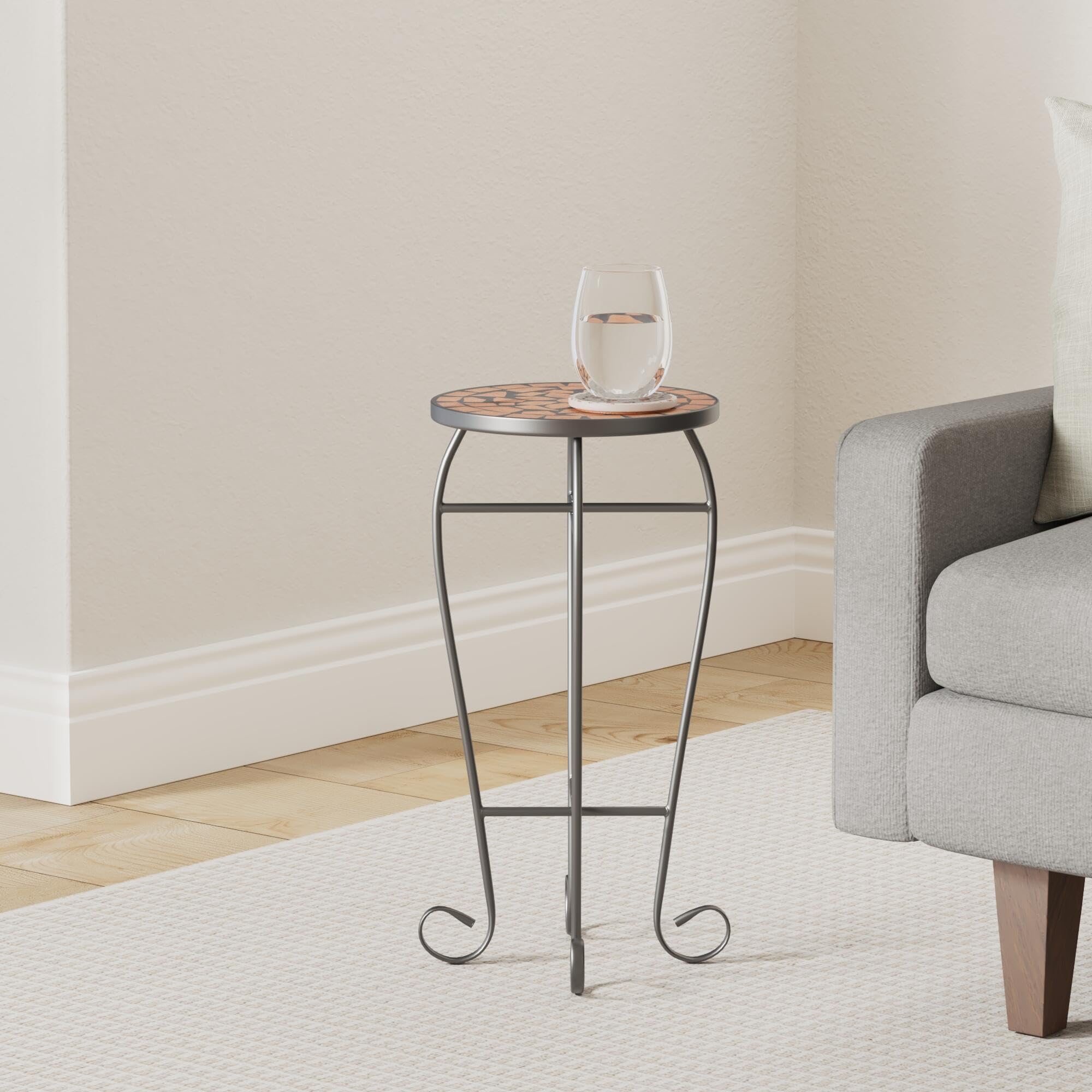 vidaXL Mosaic Side Table with Ceramic Top - Terracotta & Black Iron Plant Stand for Indoor/Outdoor Use | Perfect for Patio, Garden, or Living Room Decor