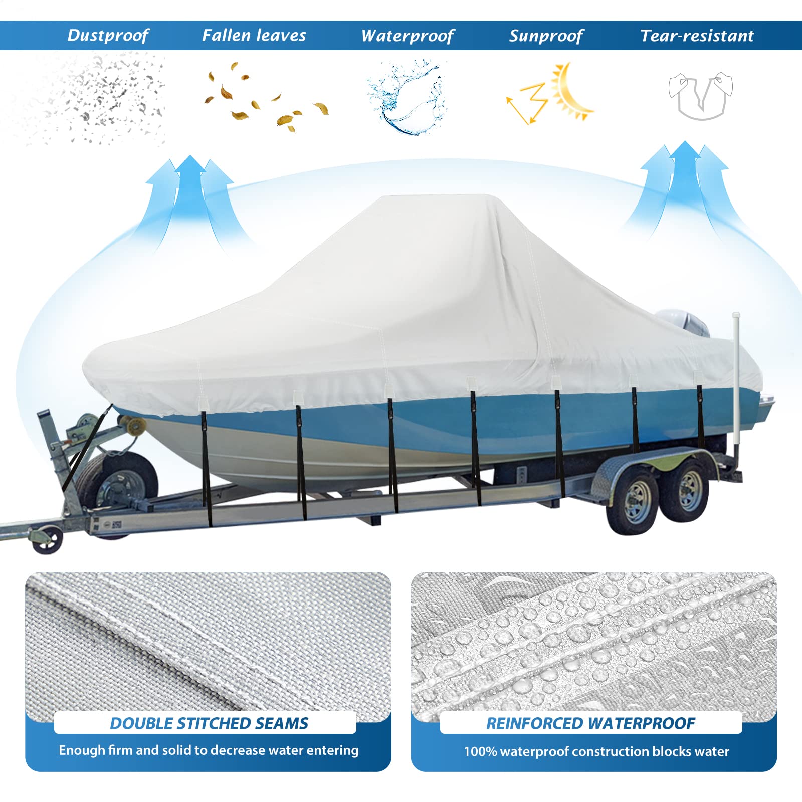 **Solim 17'-19' Heavy Duty Waterproof Boat Cover - 1300D Marine Grade Oxford UV Resistant Polyester Canvas with 18 Tie Down Straps - Center Console Boat Cover for Trailering & Storage (Gray)**    **Perfect for:** Protecting your center console boat from sun, rain, and debris while trailering or storing outdoors.
