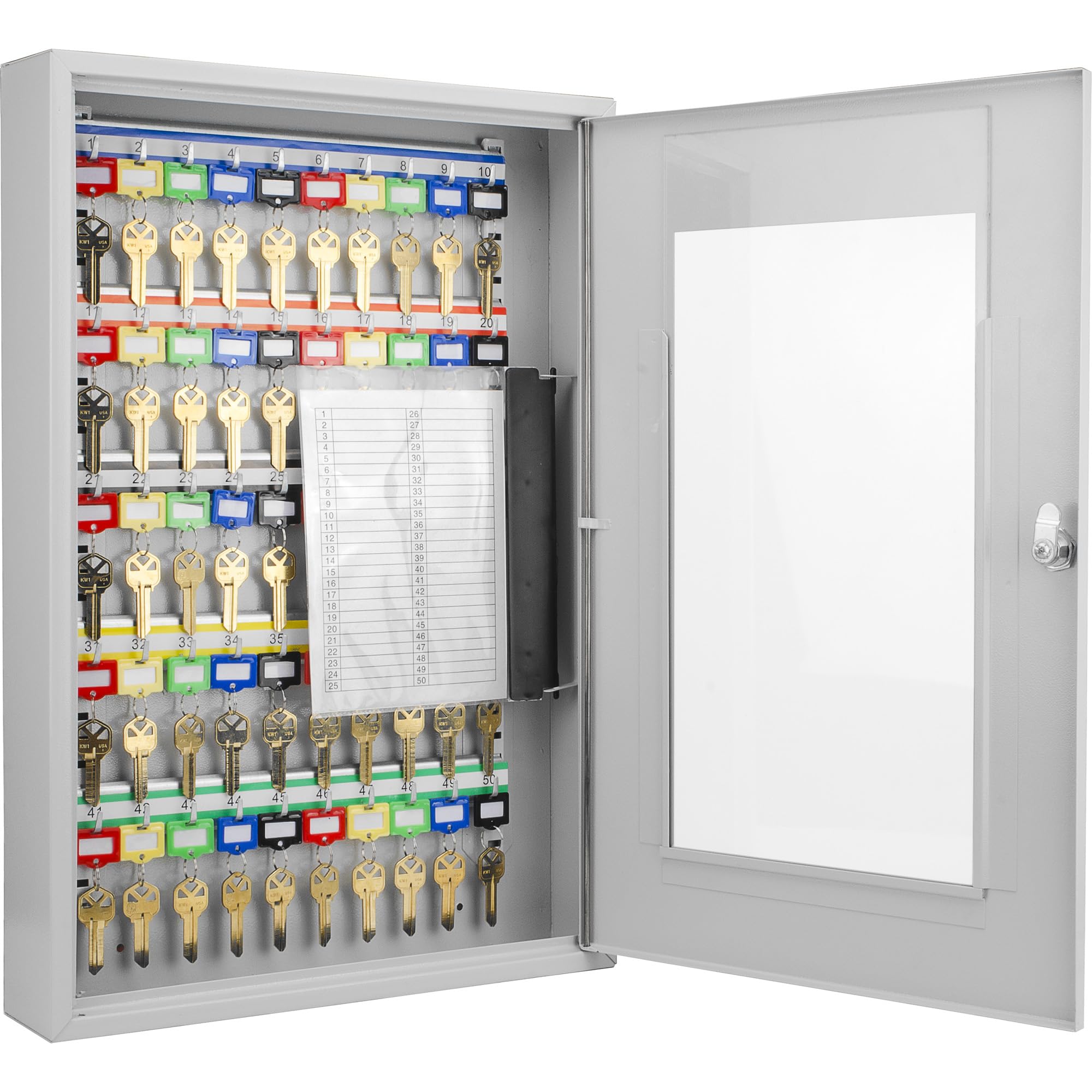 Barska Key Lock Cabinet with Glass Door - 16 Numbered Hooks & Colored Key Tags | Secure Key Storage for Home, Office, Hotel, or School Organization