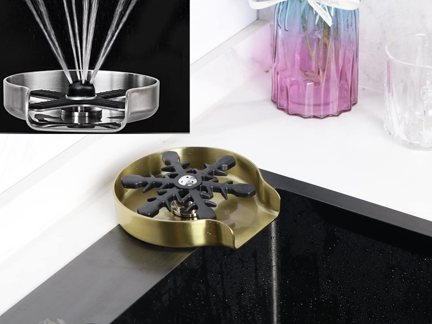 Brushed Nickel Metal Glass Rinser - Automatic Cup Washer & Sink Attachment for Kitchen & Bar, Perfect for Dishwashing and Beverage Preparation