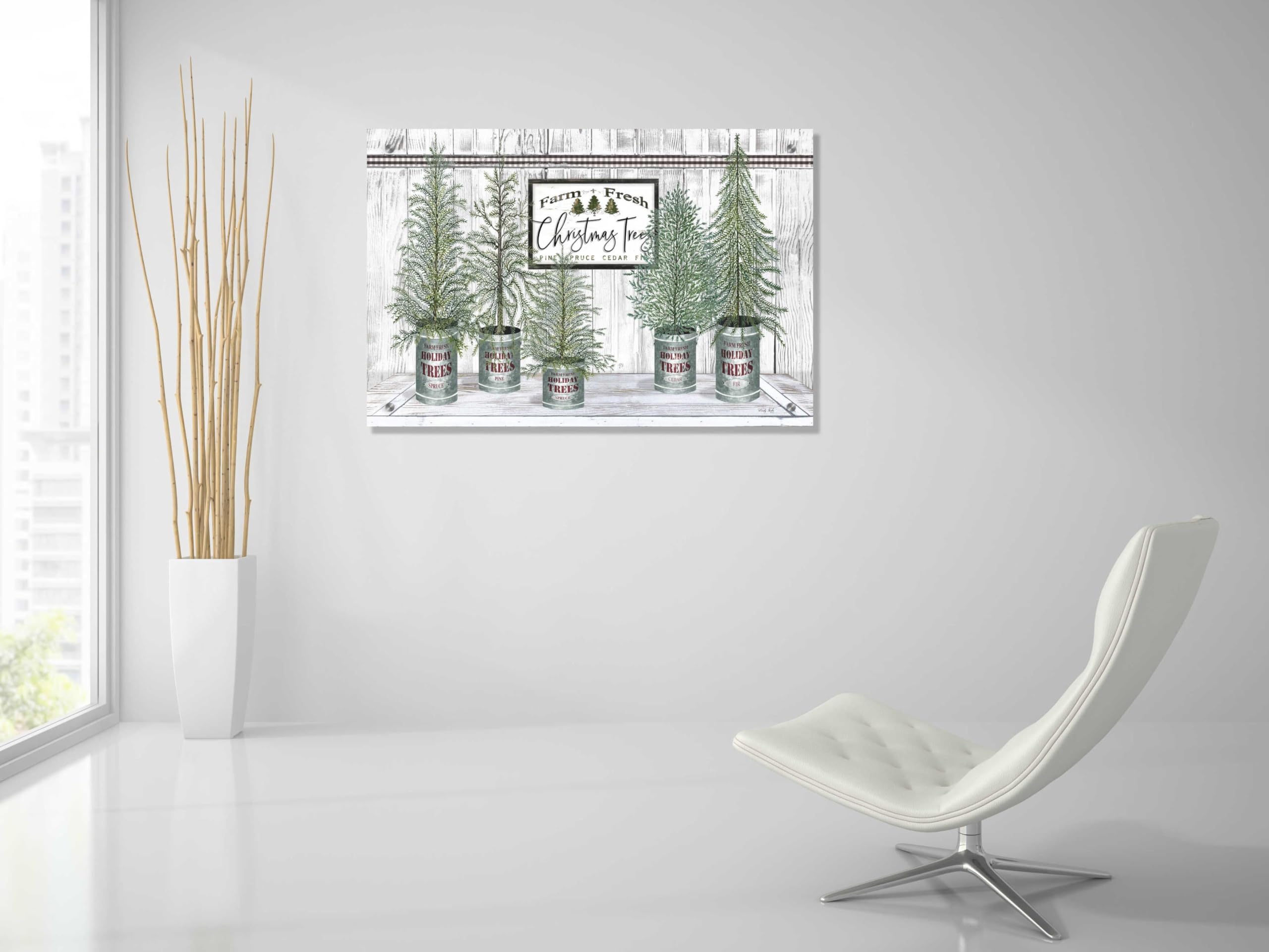 Galvanized Pots White Christmas Trees II Wall Art by Cindy Jacobs - 36x24 Inch Acrylic Glass Canvas Painting - Holiday Home Decor for Living Room, Bedroom & Office