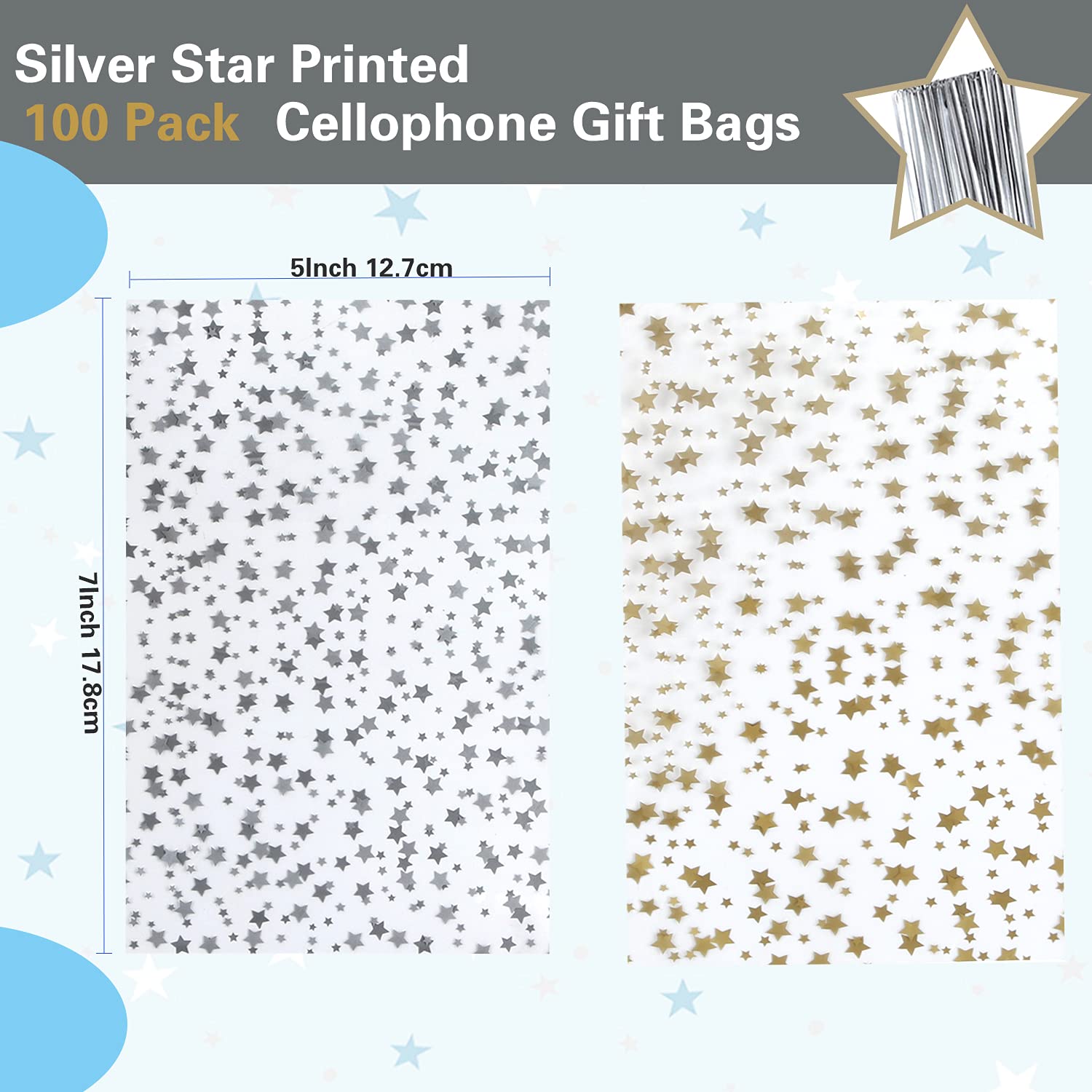 100 Pcs Silver Star Printed 5