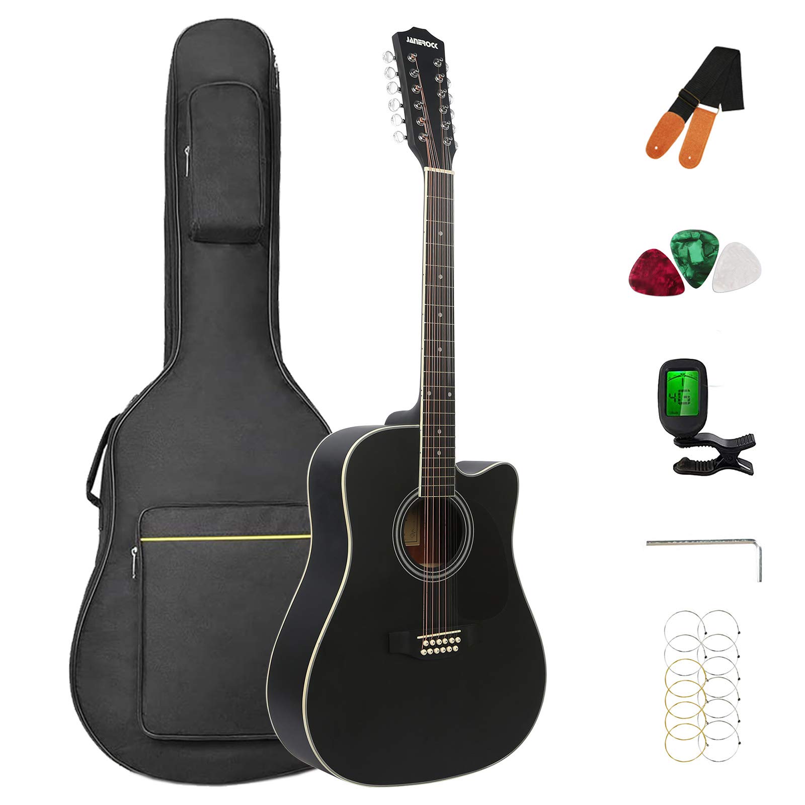 Janerock 12-String Acoustic Guitar with Cutaway - Full Size Bundle Includes Gig Bag, Tuner, Extra Strings, Strap & Picks (Black) | Perfect for Performances, Studio Recording & Traveling Musicians