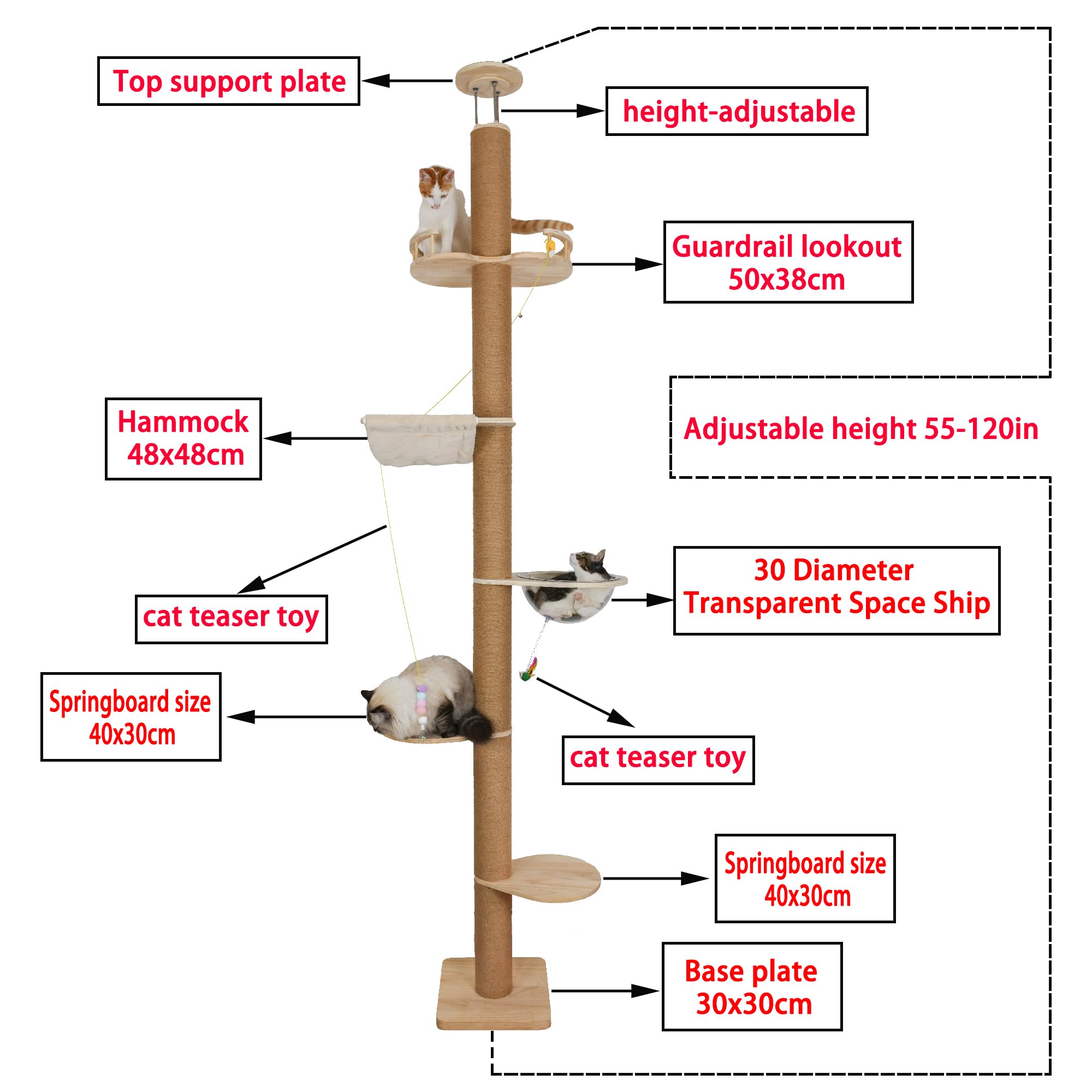 Adjustable 5-Tier Floor to Ceiling Cat Tree (50-120 inches) - Sturdy Hemp Scratching Post for Indoor & Outdoor Use - Perfect for Small Spaces & Multi-Cat Homes