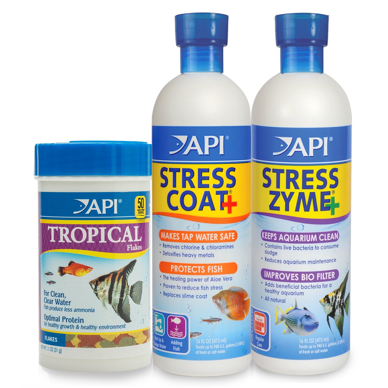 API Aquarium Water Conditioner & Tropical Fish Food Bundle - Stress Coat 16 oz, Stress Zyme 16 oz & Tropical Flakes 1.1 oz for Healthy Fish | Perfect for Freshwater Tanks, Fish Care & Stress Relief