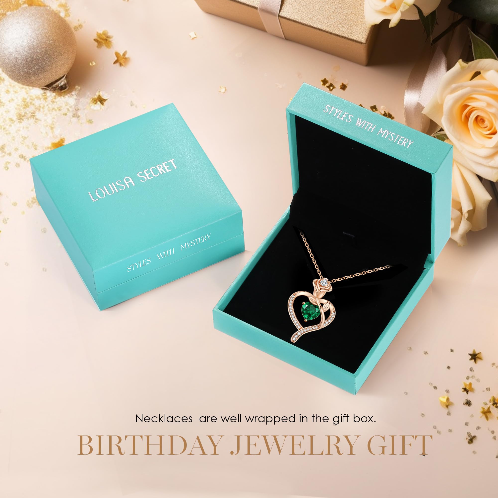 LOUISA SECRET 925 Sterling Silver Rose Flower Heart Birthstone Necklace for Women - Elegant Pendant Jewelry for Wife, Mom, Girlfriend | Perfect Birthday, Anniversary & Christmas Gift for Her | Ideal for Date Nights, Weddings & Special Occasions