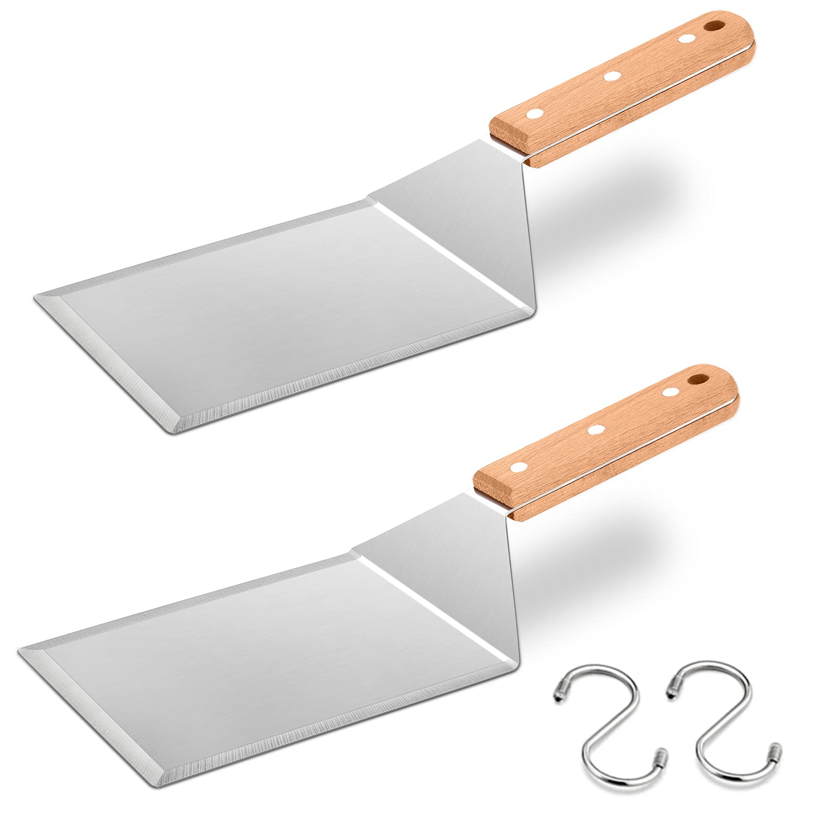 **HaSteeL Professional Wooden & Metal Spatula Set - 2-Piece Griddle Spatulas for Hamburgers, Pancakes & Teppanyaki - Perfect for BBQ, Flat Top Grilling, Indoor & Outdoor Cooking - Includes 2 Hooks**    *(Use Cases: Ideal for flipping burgers, pancakes, omelets, and stir-frying on griddles, flat-top grills, or teppanyaki tables—great for home kitchens, outdoor BBQs, and commercial cooking.)*