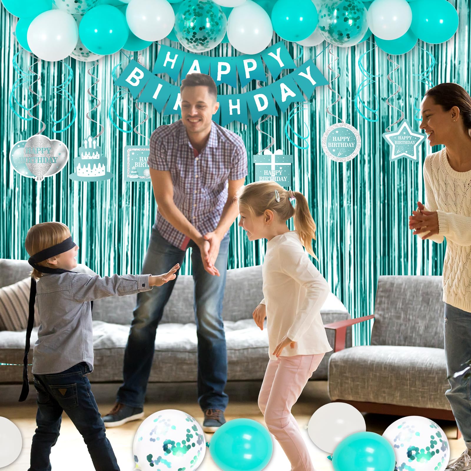 Teal Birthday Party Decorations for Girls & Women - Balloons, Curtains, Tablecloth, Swirl Pendants & Banner - Perfect for Birthday Celebrations, Baby Showers & Special Events