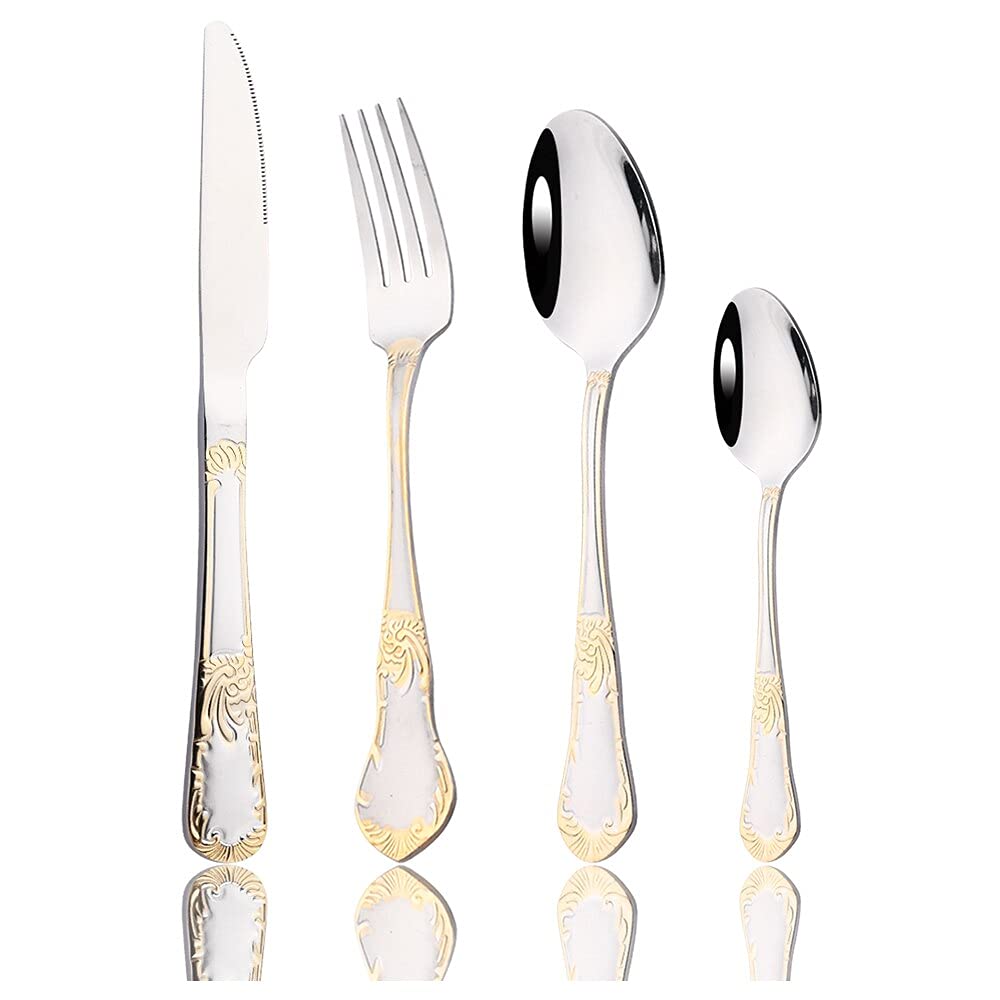 32-Piece Gold Stainless Steel Flatware Set - Knife, Fork & Spoon Cutlery for Dinner - Elegant Tableware for Home, Restaurant & Party Use - BY ZZYY (Gold)