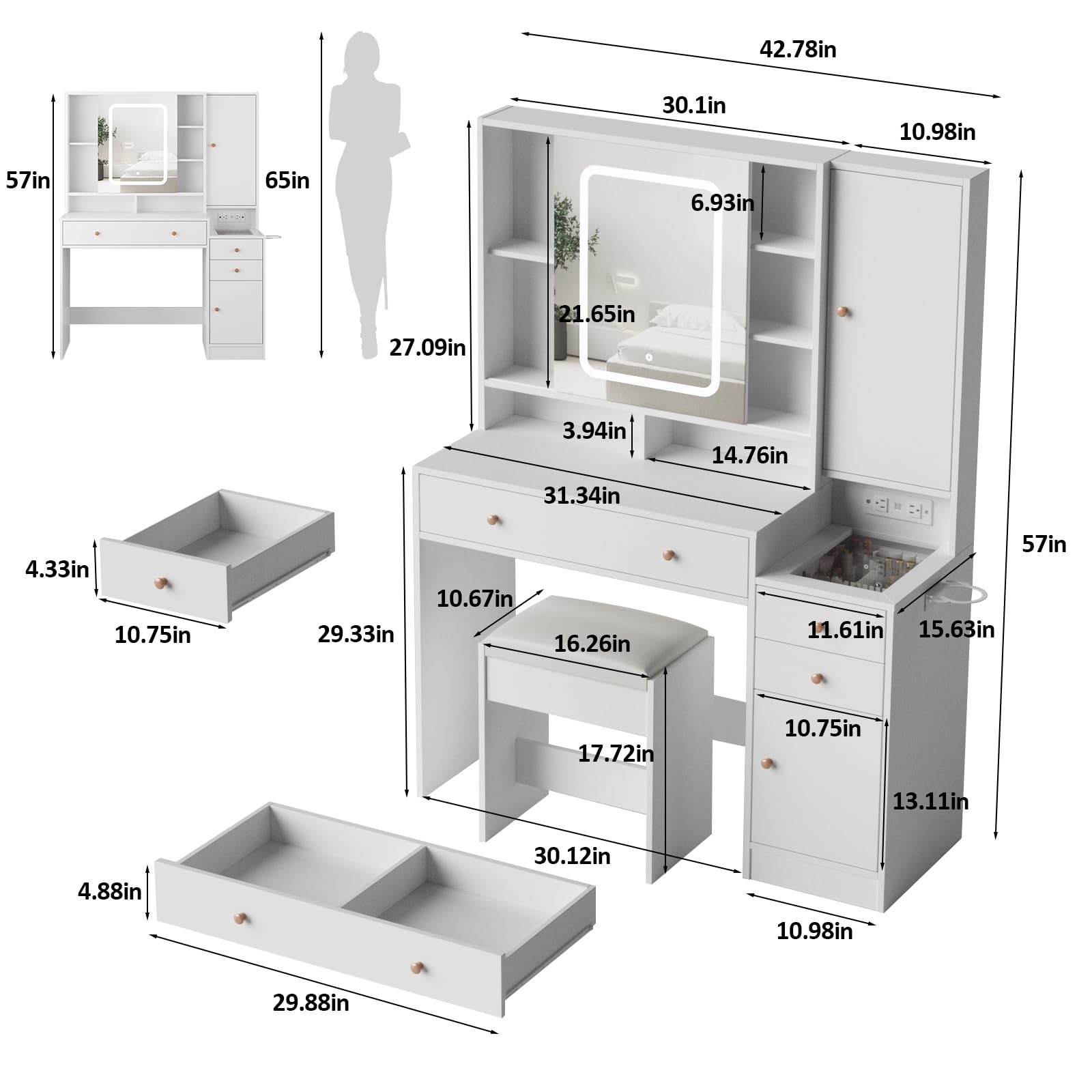Vanity Desk with Mirror, LED Lights & USB Charging Station - 3-Drawer Glass Top Dressing Table with Jewelry Storage Cabinet, 42.8 Inch Modern Makeup Vanity for Bedroom & Dressing Room