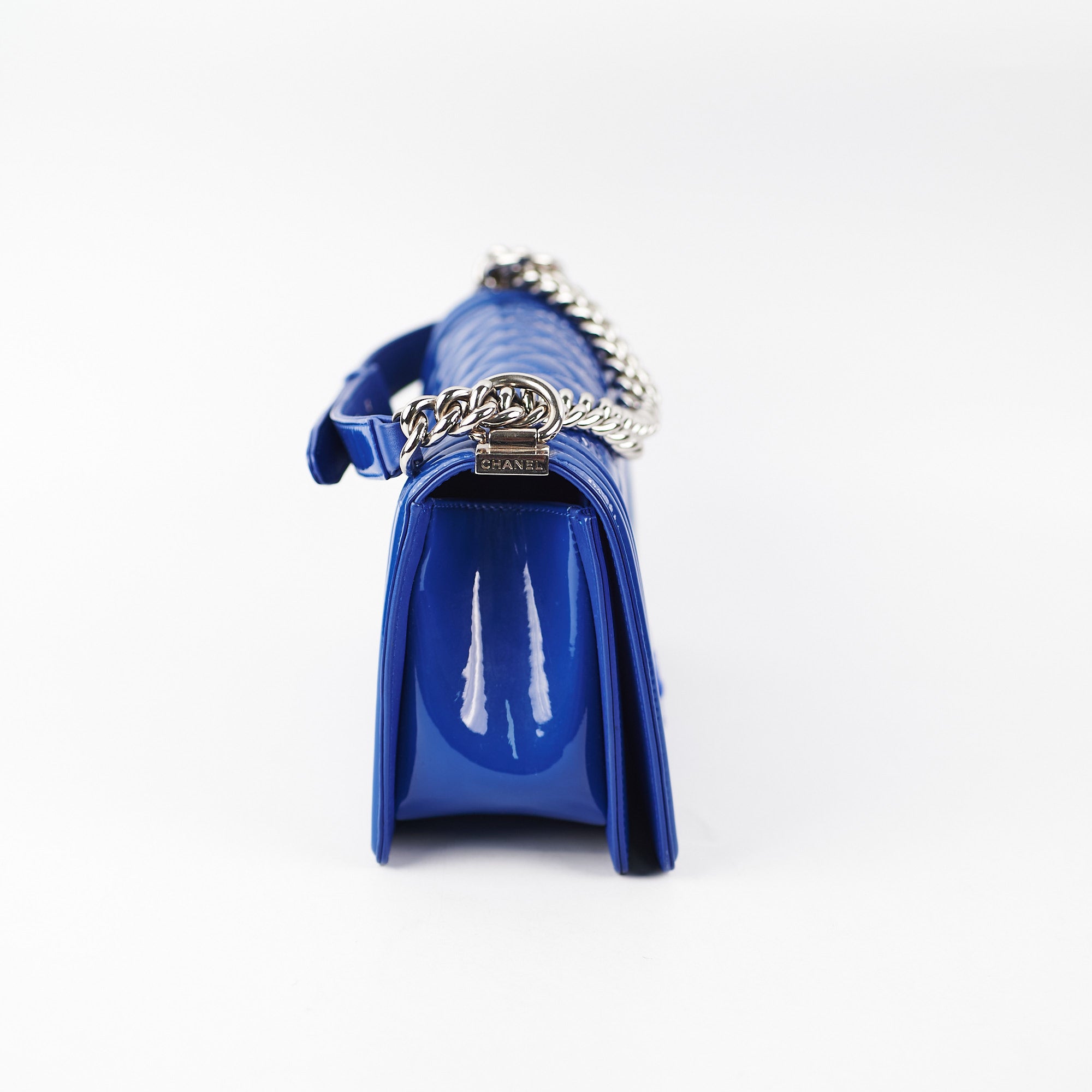 Chanel Old Medium Patent Blue Boy Bag - Luxury Designer Handbag for Women | Perfect for Parties, Dates & Special Occasions