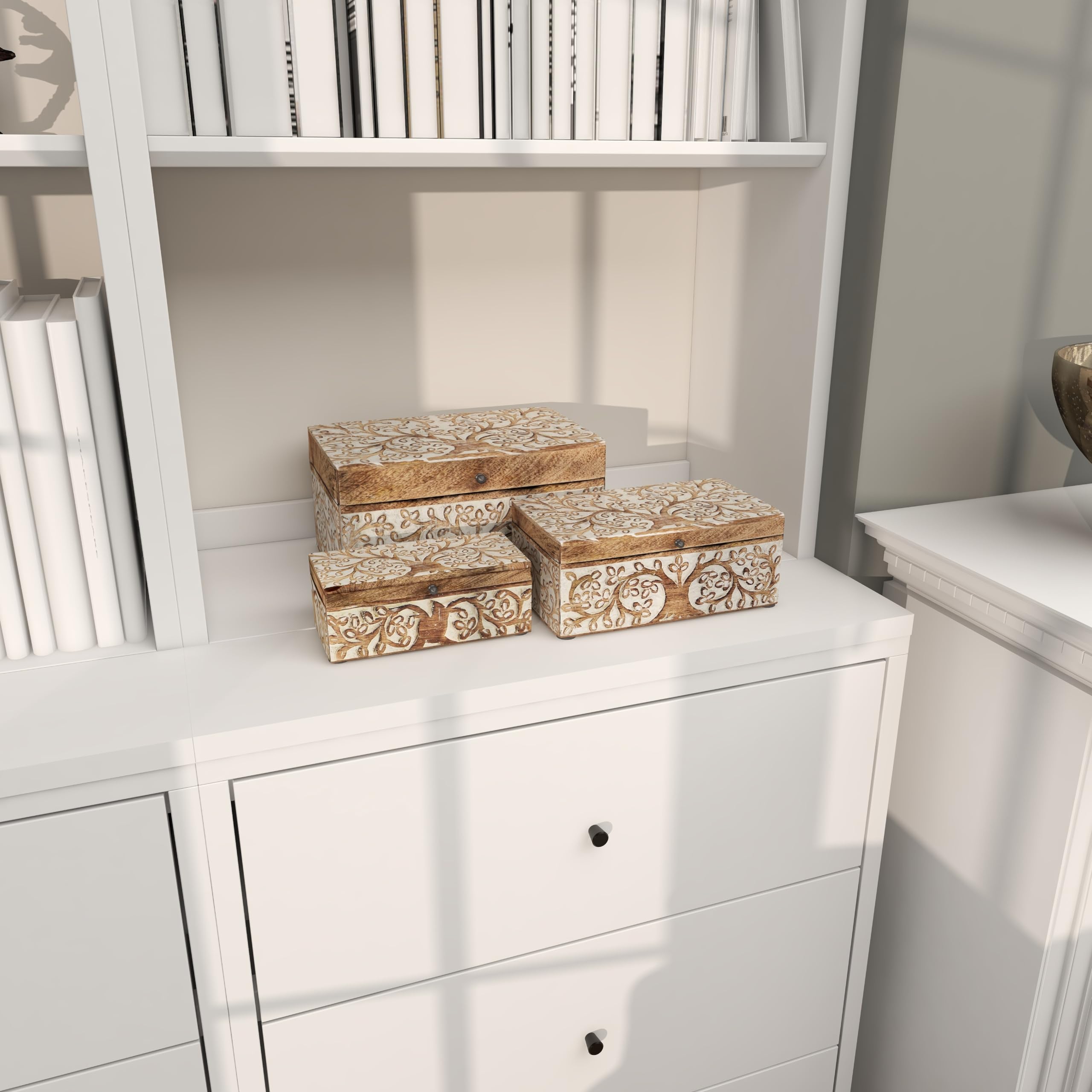 Mango Wood Floral Storage Box Set of 3 - 8