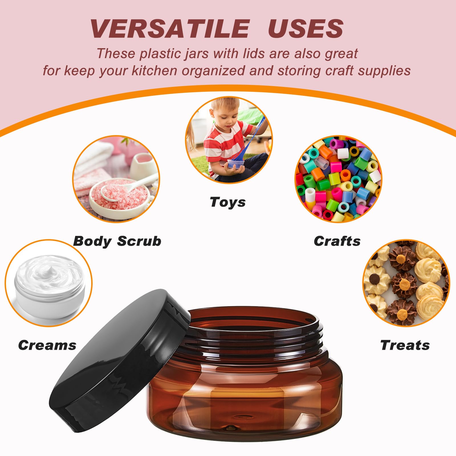 24 Pack 5 oz Clear Plastic Jars with Lids - Round Refillable Cosmetic Containers for Body Butter, Sugar Scrubs & Makeup | Bulk Empty Jars with Labels | Perfect for DIY Beauty Products, Crafts & Storage (Brown)