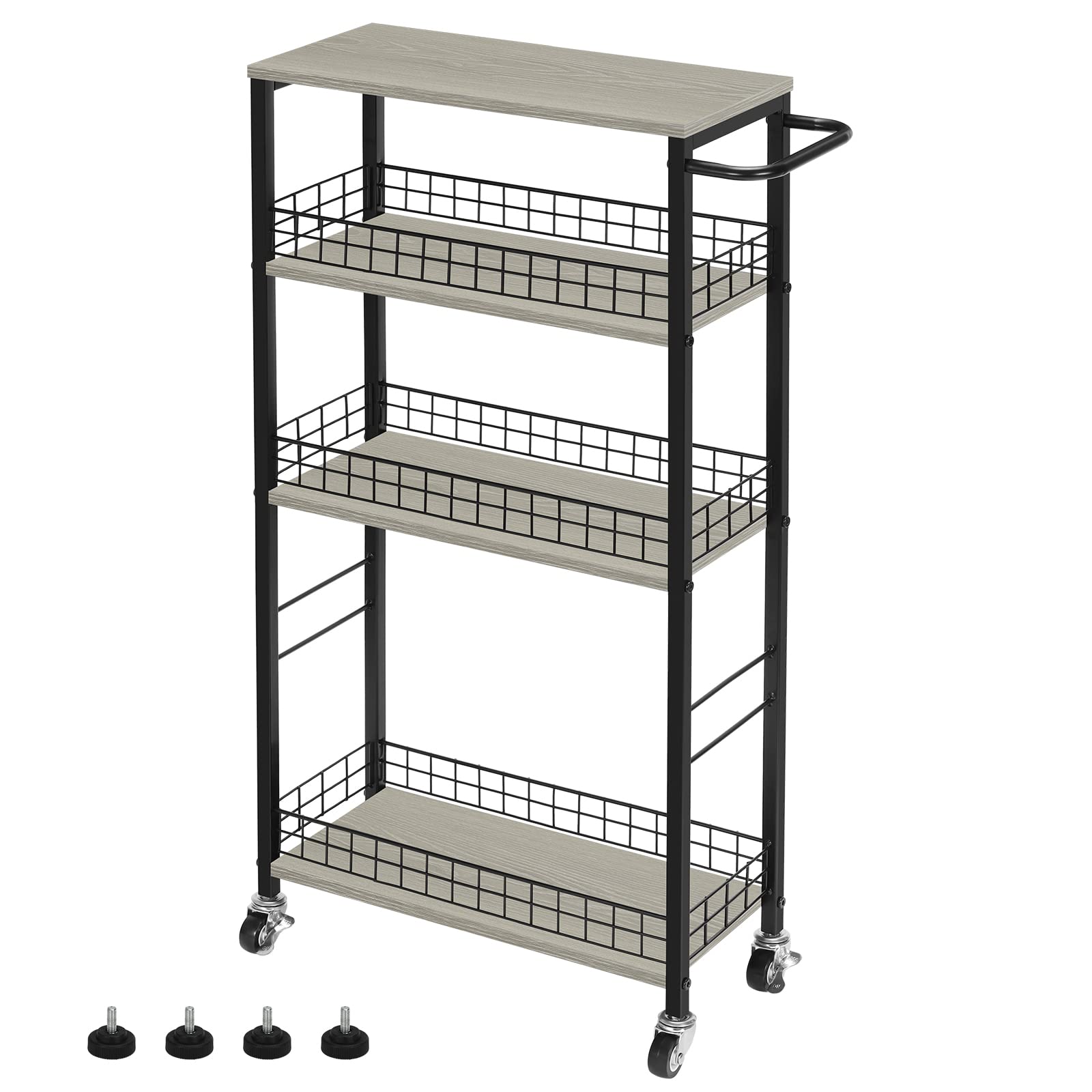 YBING 4-Tier Slim Rolling Storage Cart with Wooden Tabletop & Wheels - Narrow 7.3'' Wide Mobile Kitchen Utility Cart with Handle - Perfect for Small Spaces, Pantry Organization, Living Room Storage & Kitchen Gaps