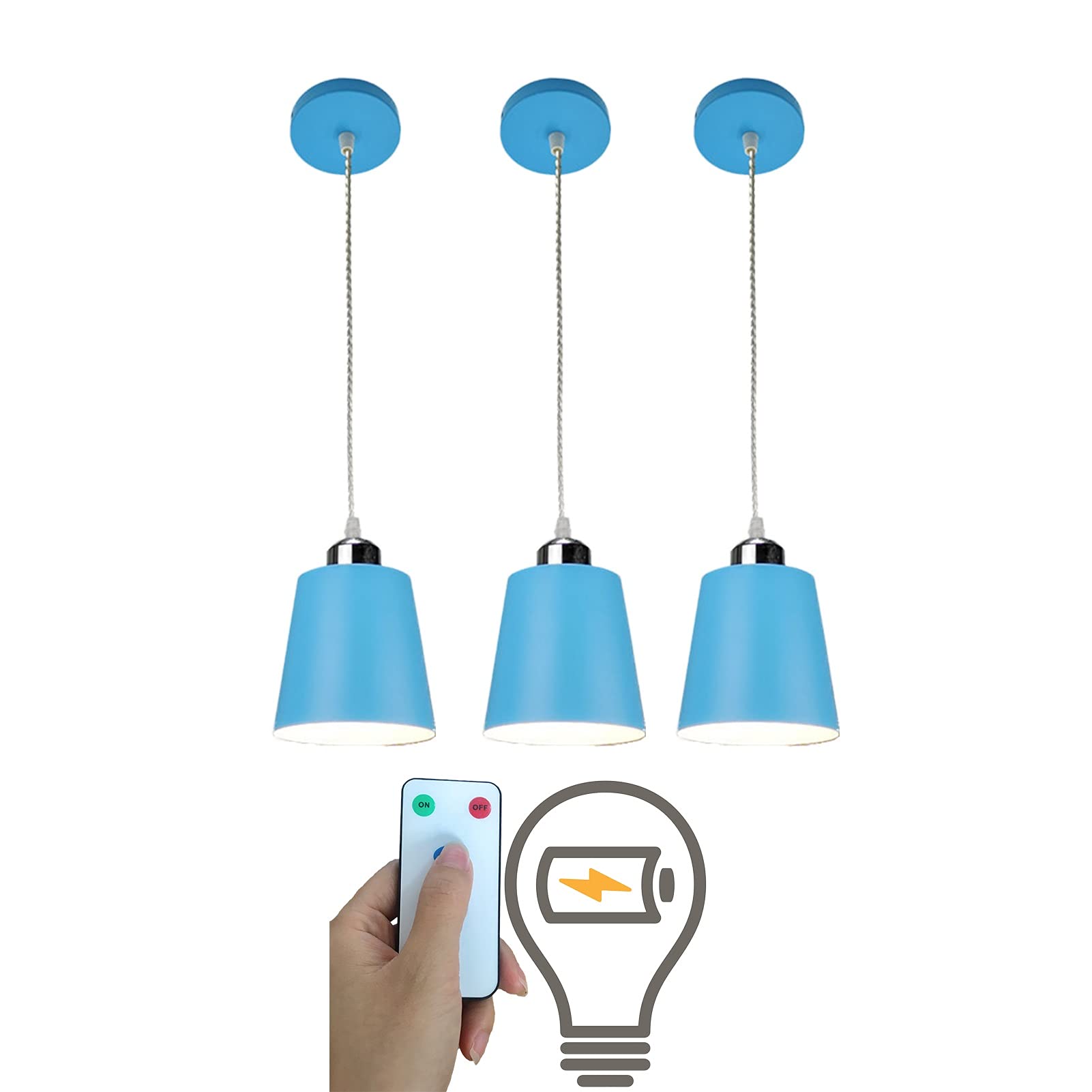 3 Pack Modern Rechargeable LED Hanging Pendant Lights with Remote Control - Wireless Battery Operated Dimmable Ceiling Light Fixture for Kitchen Island, Dining Room, Bedroom & Living Room Decor