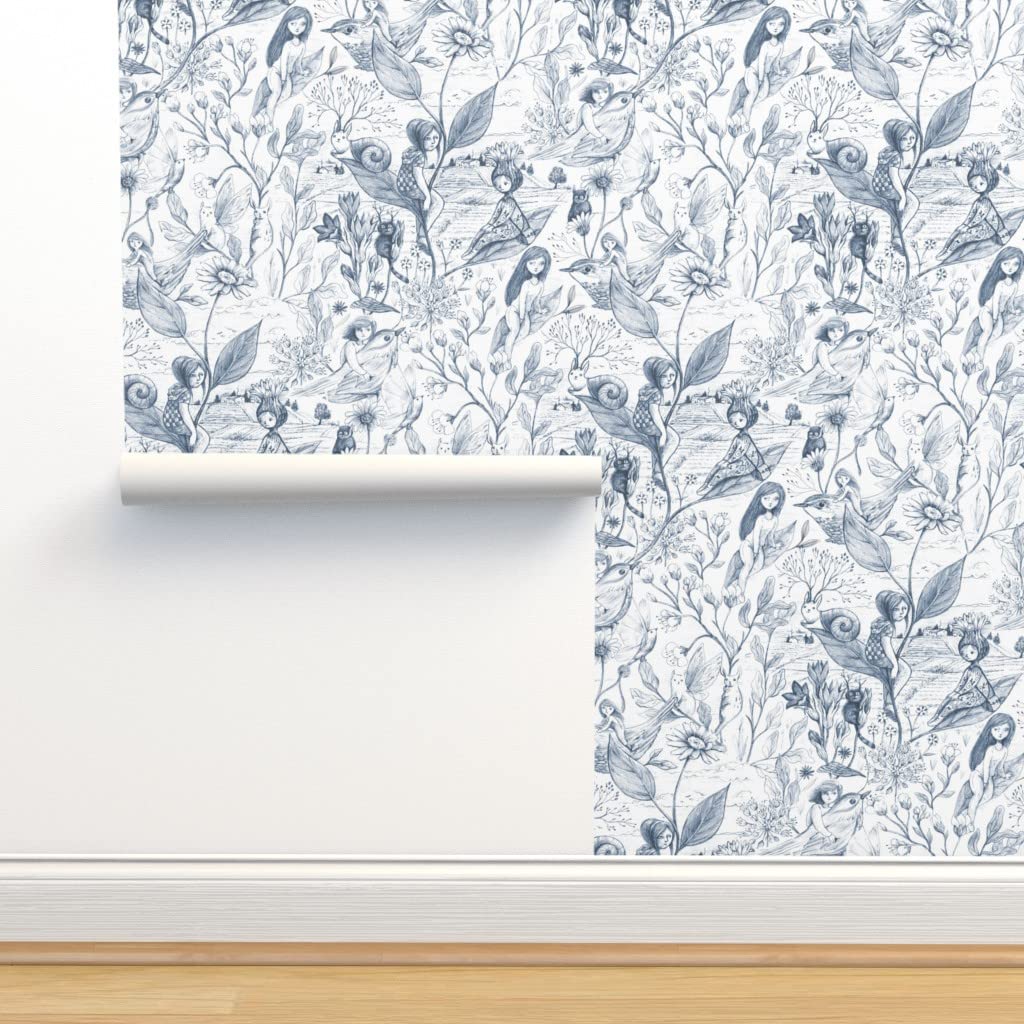 Fairy Toile White Blue Floral Peel & Stick Removable Wallpaper - 9ft x 2ft Self-Adhesive Wallpaper for Girls Room, Nursery & Bedroom Decor - Whimsical Garden Fairy Tale Design by Spoonflower