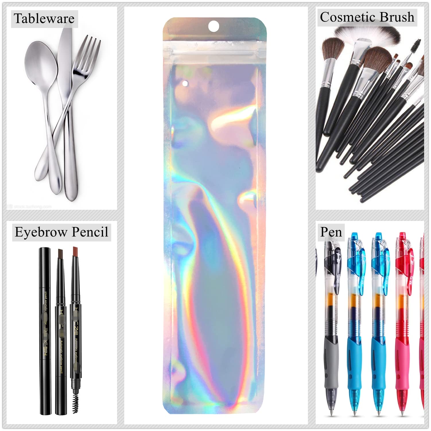 100 Pack 2.4x9 Inch Holographic Pen Packaging Bags - Small Business Gift Bags for Jewelry, Lip Gloss, Pens, Cosmetics & Party Favors - Perfect for Retail, Etsy Sellers & Craft Shows