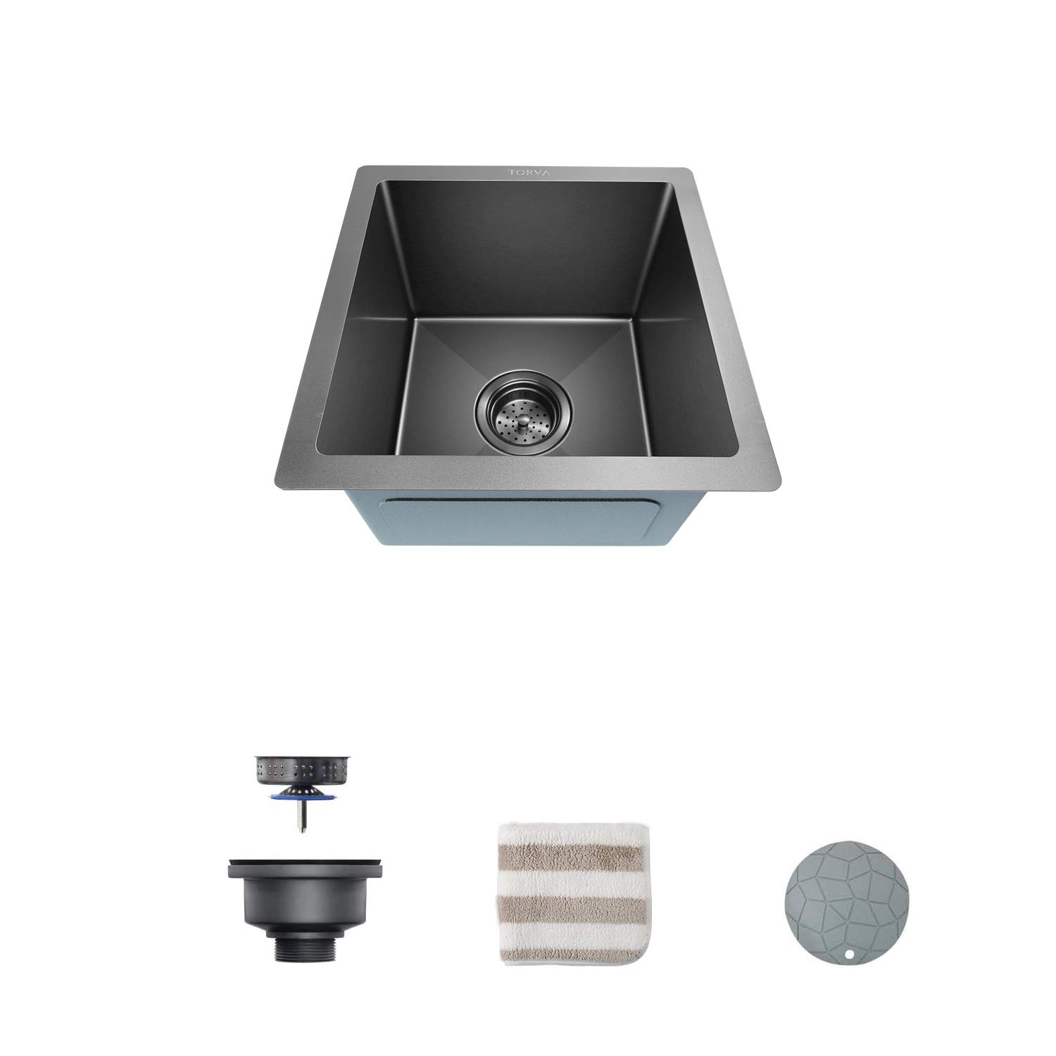 TORVA 14 x 14 Inch Undermount Bar Sink - Gloss Black Ceramic Coating with NanoTek Technology & Pull Down Kitchen Faucet | Perfect for Small Kitchens, Wet Bars, Coffee Stations & Outdoor BBQ Areas