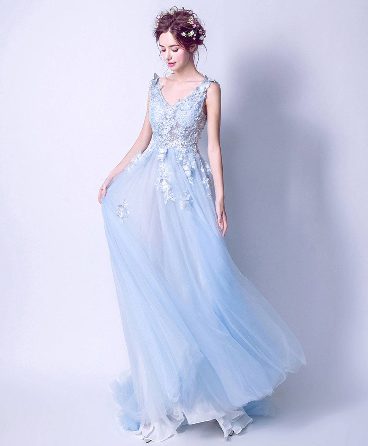 Elegant Blue V-Neck Lace Tulle Long Prom Dress for Women - Formal Evening Gown for Homecoming, Wedding, and Special Occasions
