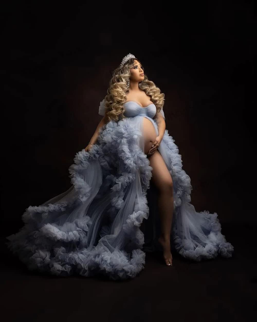 Elegant Women's Tulle Maternity Gown - Sheer Ruffled Babyshower & Bridal Photoshoot Dress, Lingerie & Bathrobe for Pregnancy Photos, Maternity Shoot & Special Occasions