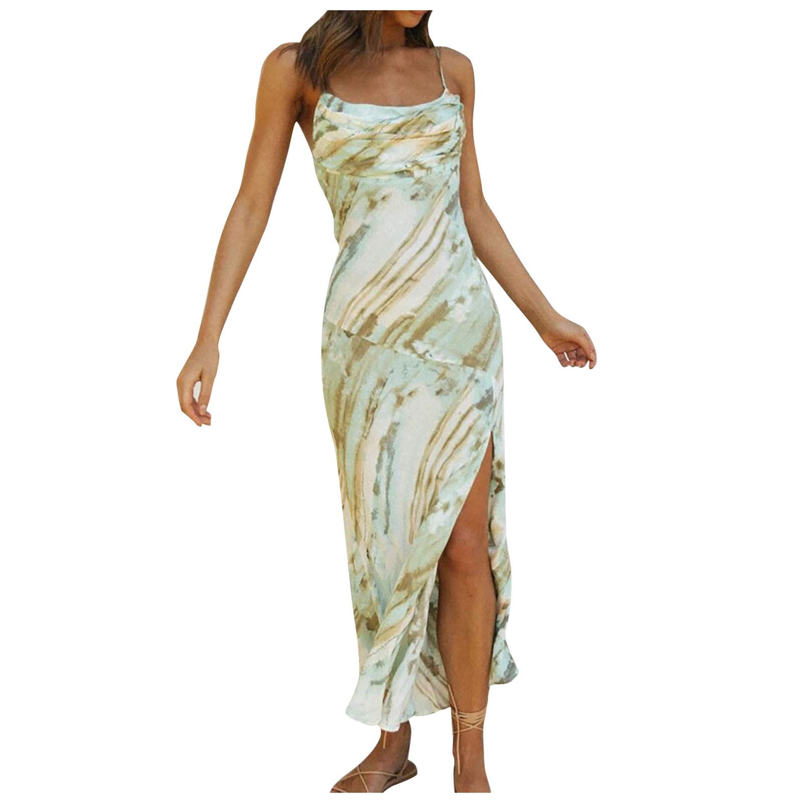 Women's Sleeveless Floral Maxi Dress with Backless Design & High Side Slit - Sexy Spaghetti Strap Cocktail Party Dress for Evening Events, Date Nights & Summer Vacations