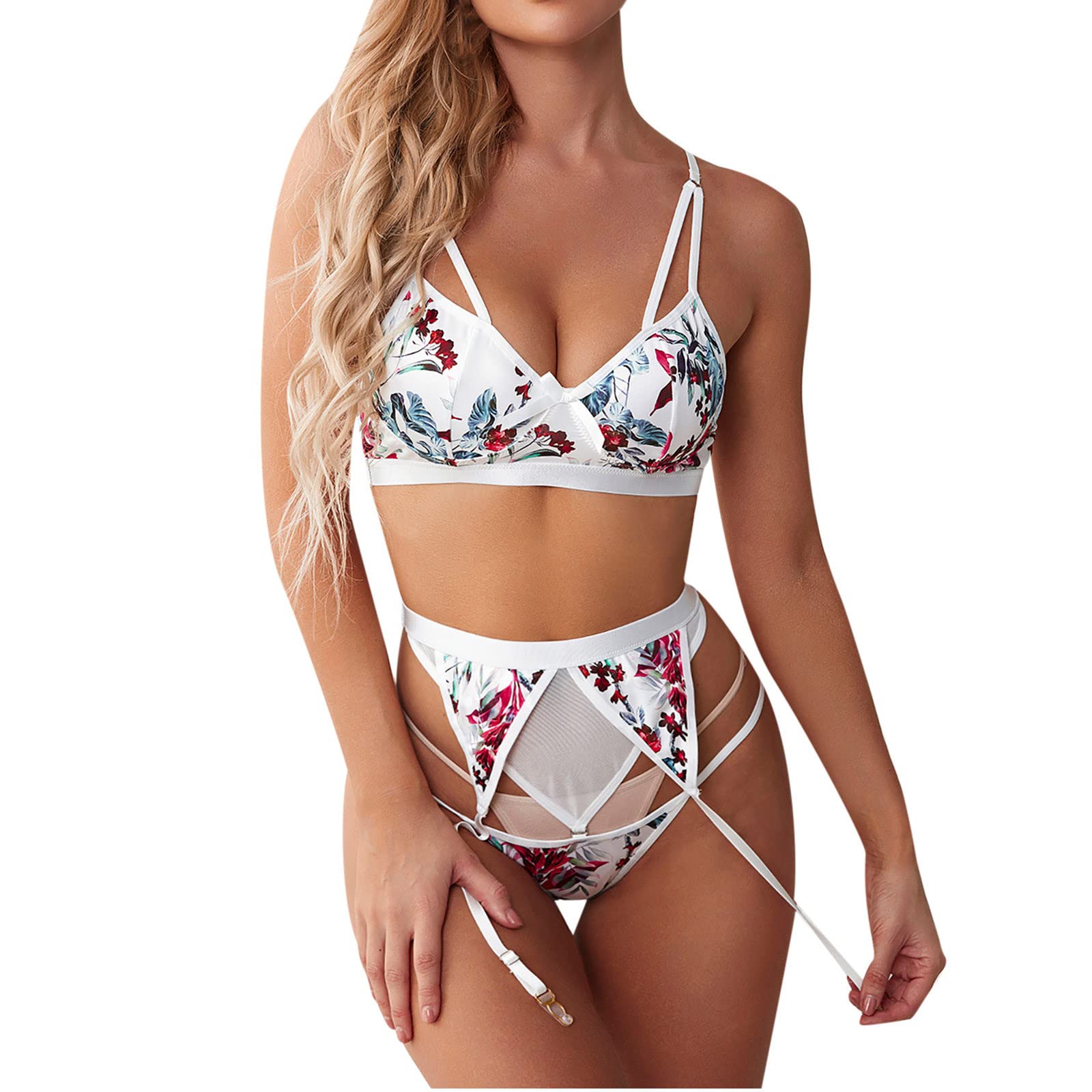 Sexy Lingerie Set for Women - Floral Lace Strappy Bra & Panty with Garter Belt, Hollow Out Design for Romantic Nights & Special Occasions
