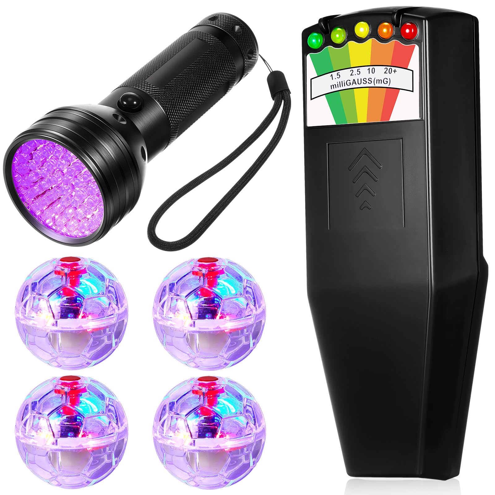 6-Piece Ghost Hunting Kit with EMF Meter, UV Flashlight & 4 LED Cat Balls - Professional Paranormal Investigation Equipment for Home, Office & Field Research - Perfect Gift for Ghost Hunters (Strong Light)