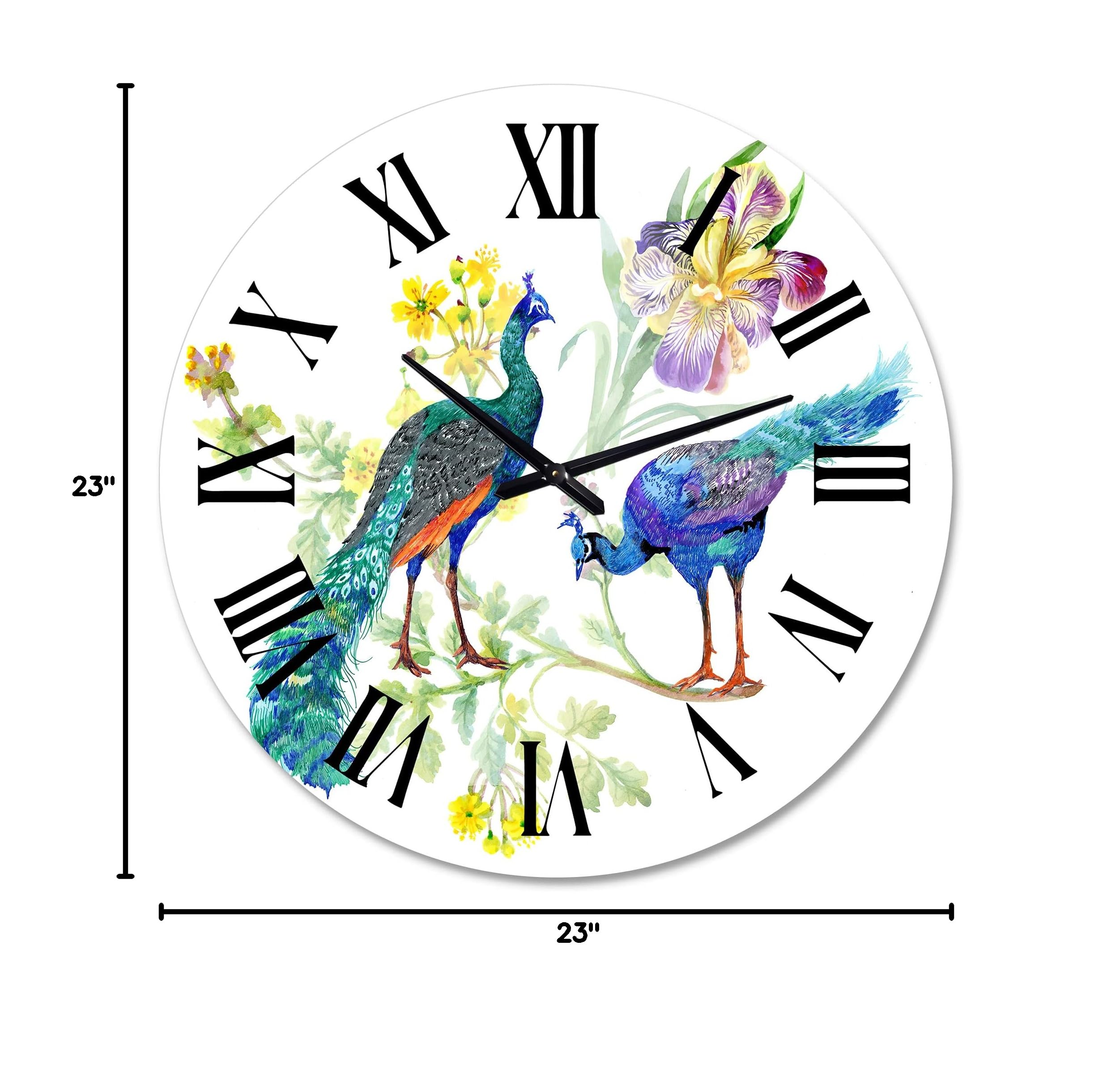 DesignQ Traditional Peacock & Iris Flower Large Wall Clock - Elegant Office & Home Decor for Living Room, Bedroom, or Study