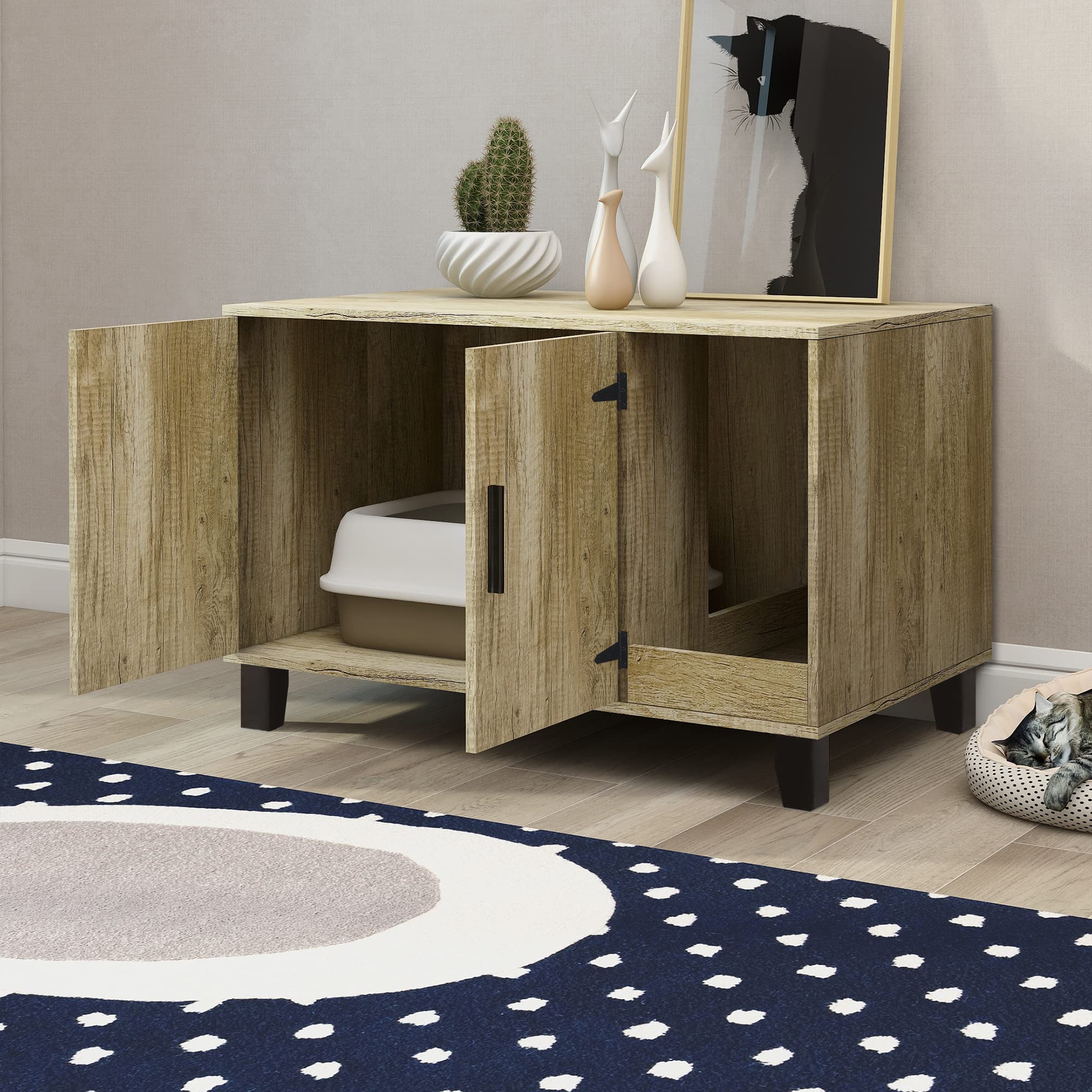 TaoHFE Wooden Cat Litter Box Enclosure Furniture - Hidden Litter Box Cabinet with Scratch Pad, Farmhouse Style, Oak Finish - Perfect for Home Decor & Pet Privacy