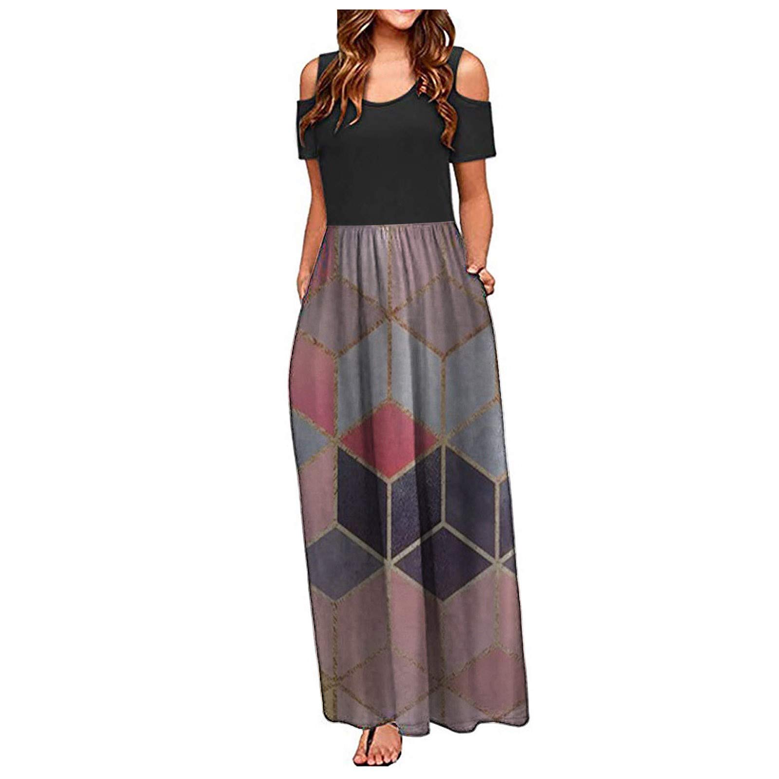 Elegant Floral Print Short Sleeve Maxi Dress for Women with Pockets - Summer Casual Cold Shoulder Dress for Beach, Party & Everyday Wear