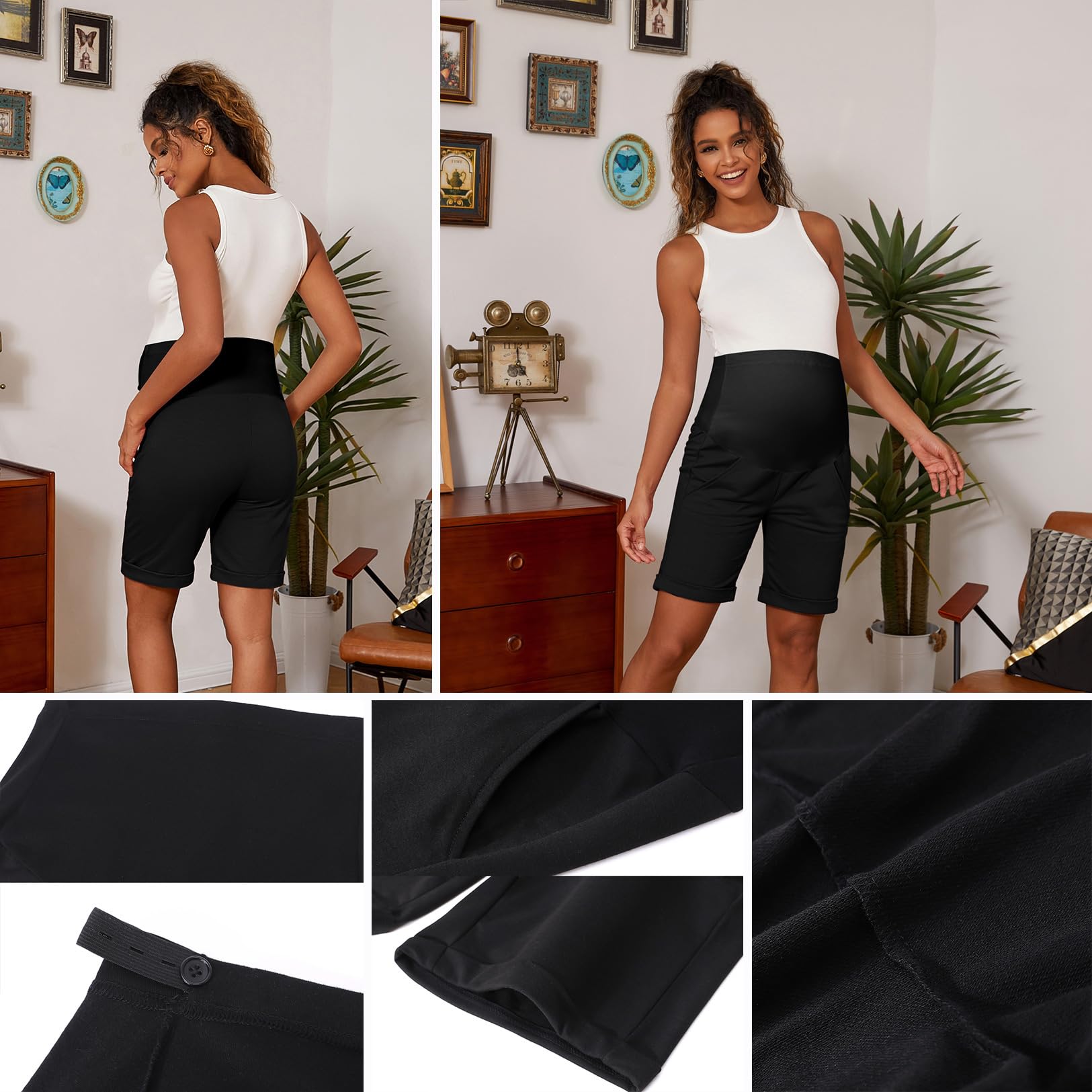 Bhome Maternity Bermuda Shorts - Over The Belly Pregnancy Workout Shorts with Pockets - Loose Fit Casual Maternity Pants for Yoga, Walking & Summer Comfort