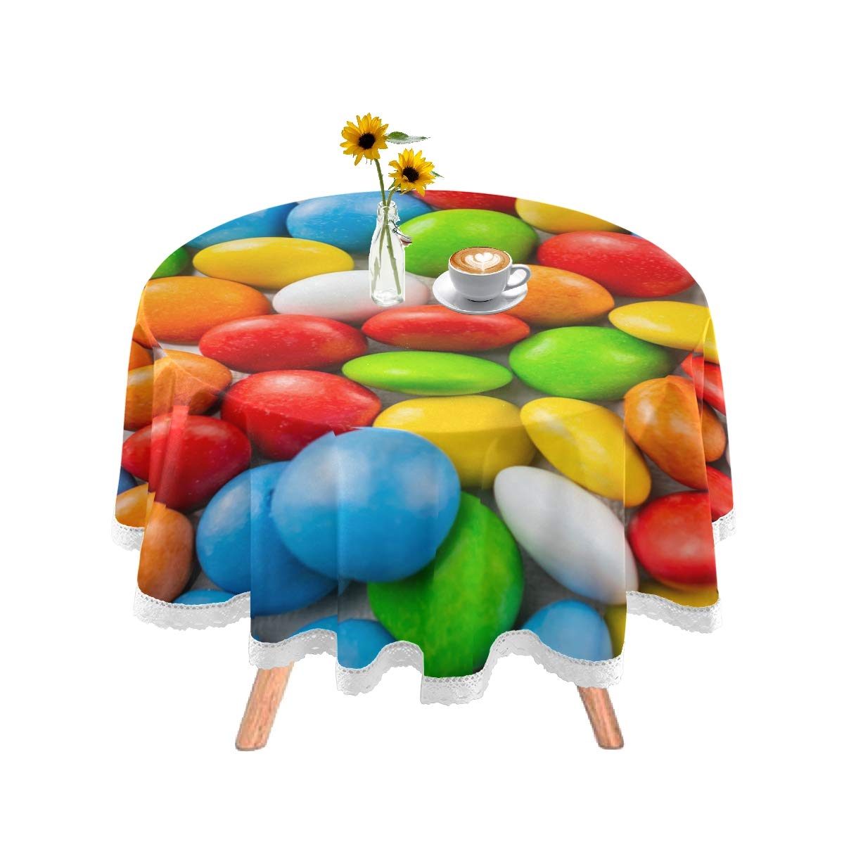 DOMIKING 60 Inch Round Tablecloth - Washable Polyester Chocolate Candies Design for Holiday Dinner, Parties, Wedding, Restaurant & Home Decor