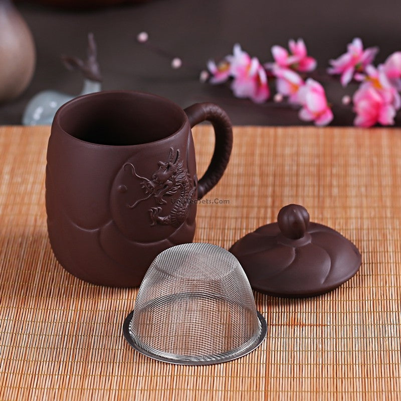Premium Yixing Purple Clay Dragon Tea Cup with Built-in Infuser - Authentic Chinese Teapot for Loose Leaf Tea, Perfect for Gongfu Tea Ceremony & Daily Brewing