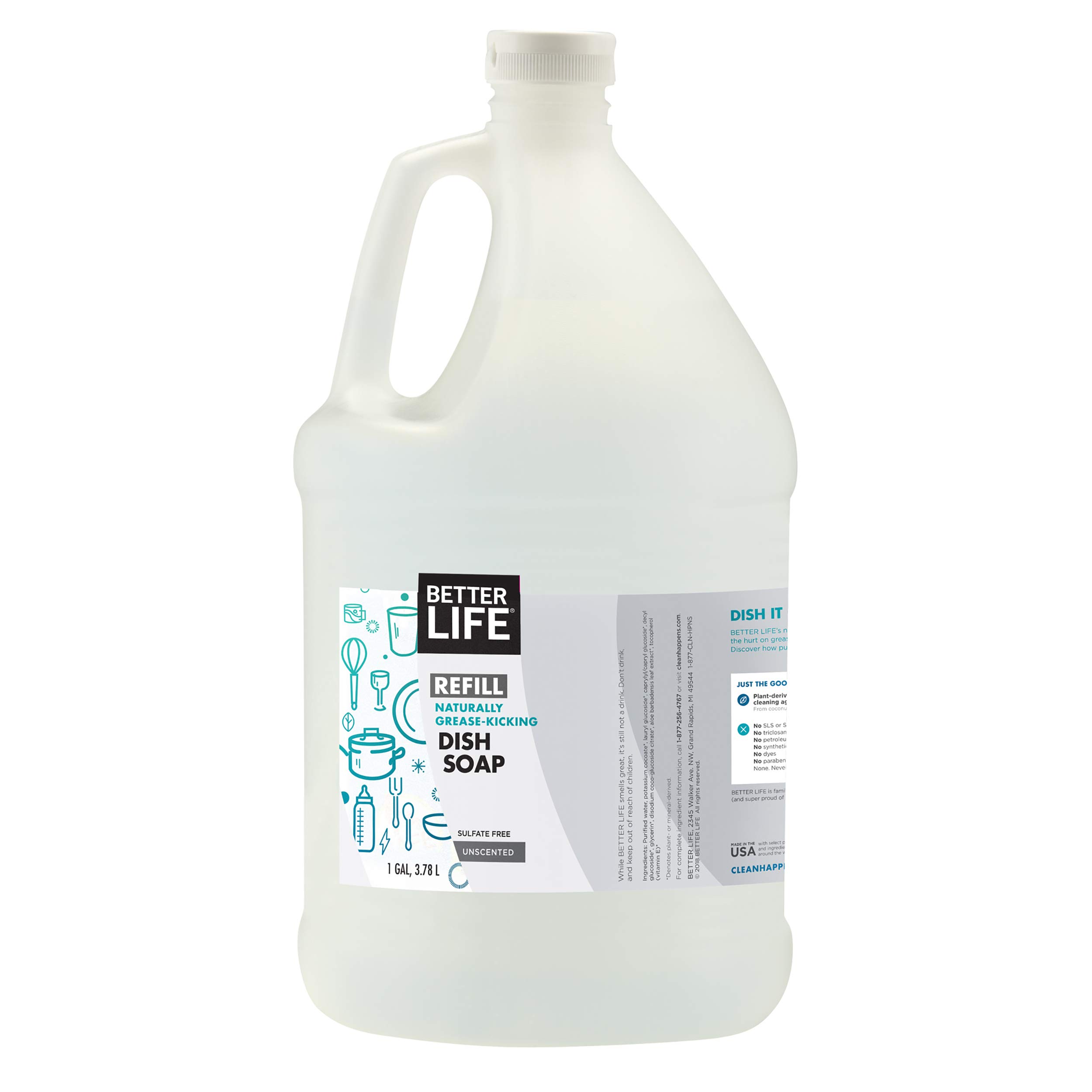 Better Life Dish Soap - Vitamin E & Aloe Vera Liquid Dishwashing Detergent for Sensitive Skin | No Gloves Needed | 1 Gallon Unscented Refill for Kitchen Sink & Home Use | Perfect for Daily Dishwashing, Hand Washing, and Gentle Cleaning