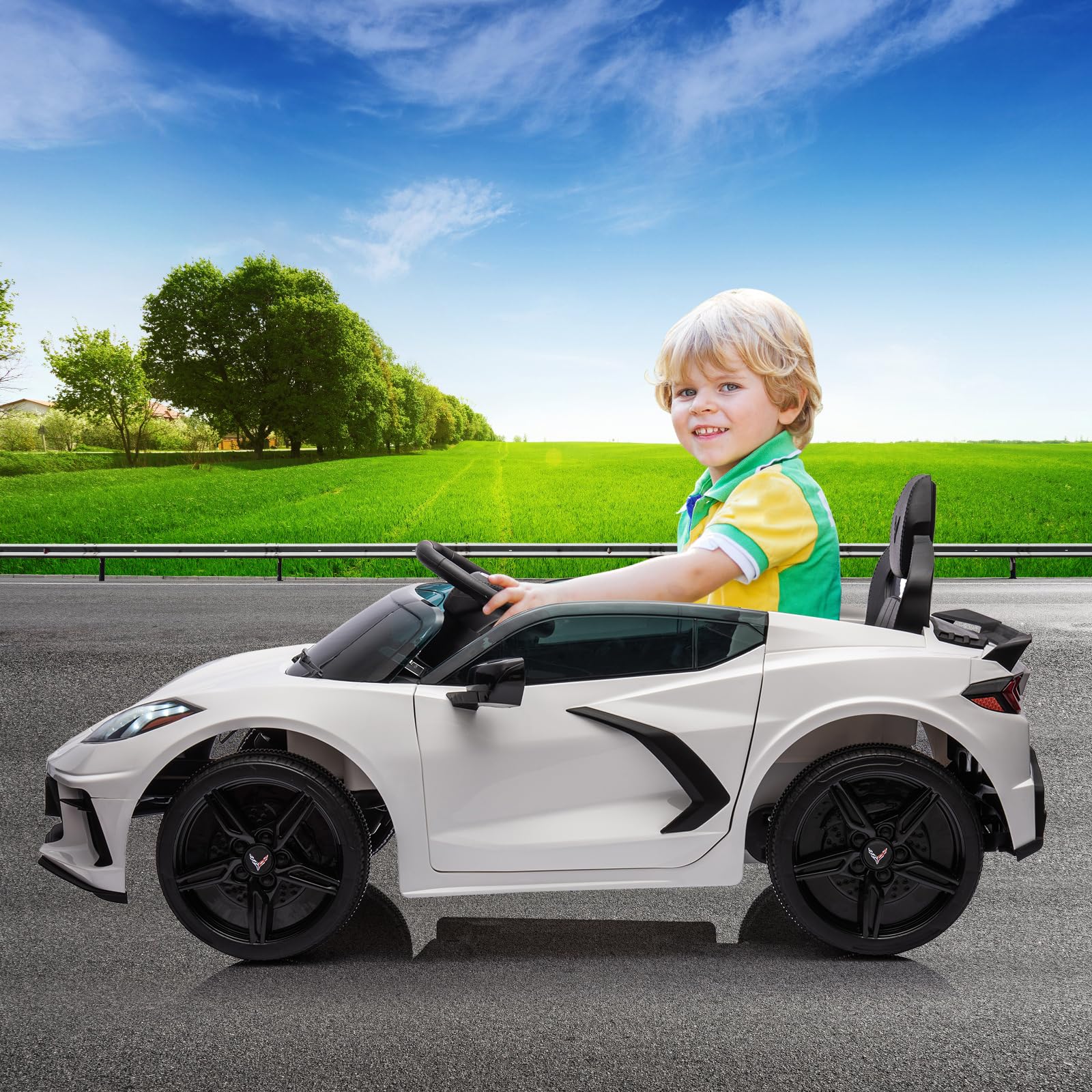 12V Kids Electric Ride-On Car - Licensed Corvette Style Battery-Powered Toy with Remote Control, LED Lights & Music - Toddler Sports Car for Boys & Girls (White) - Perfect Birthday Gift & Outdoor Play Vehicle for Ages 3-6