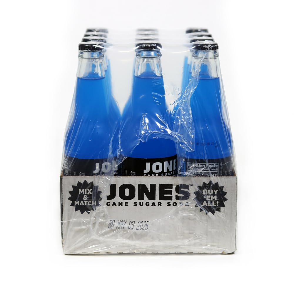 Jones Soda Co. Blue Bubblegum Flavor Soda - 12-Pack of 12 Oz Glass Bottles | Original Craft Soda Made with 100% Pure Cane Sugar | Refreshing Soft Drink for Parties, BBQs & Nostalgic Treats