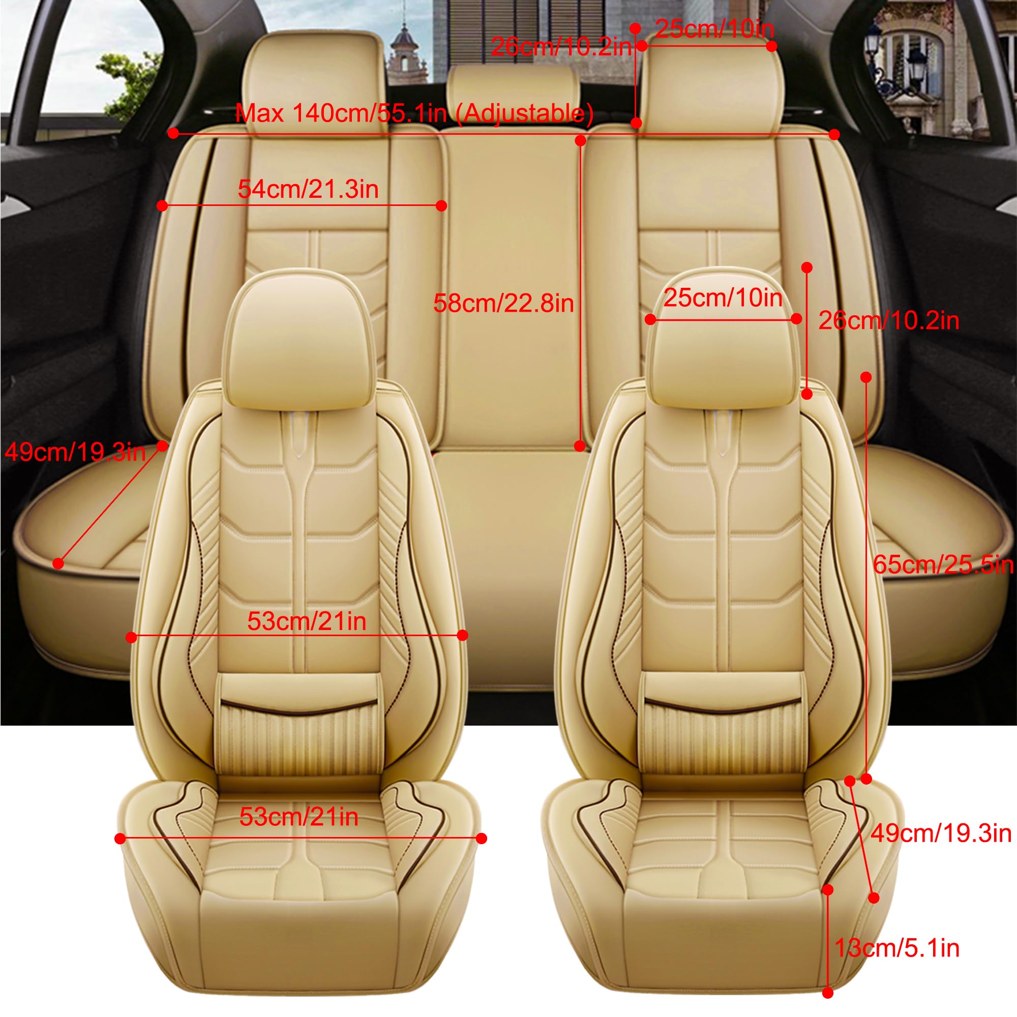 Premium Amooca Full Set Car Seat Covers - Universal Fit for Most Cars & SUVs (Front & Back Seats) - Waterproof Nappa Leather Auto Seat Protector Cushion in Beige - Perfect for Daily Commute, Road Trips & Family Protection