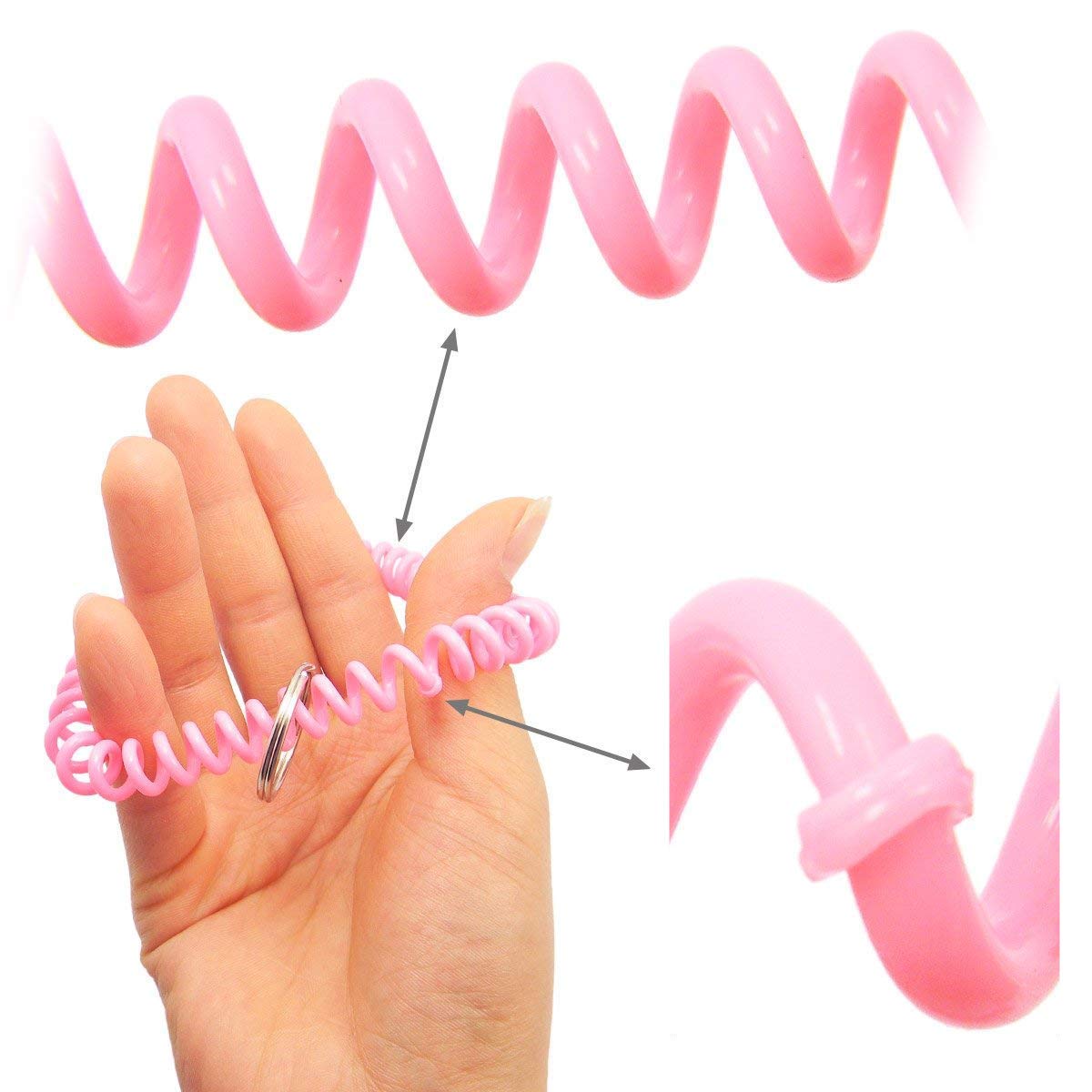 Flexible Plastic Spring Spiral Wrist Coil Band - Stretchable Key Chain Ring Tag - Pack of 100 (Pink) - Perfect for Key Organization, ID Badge Holders, and Office Supplies