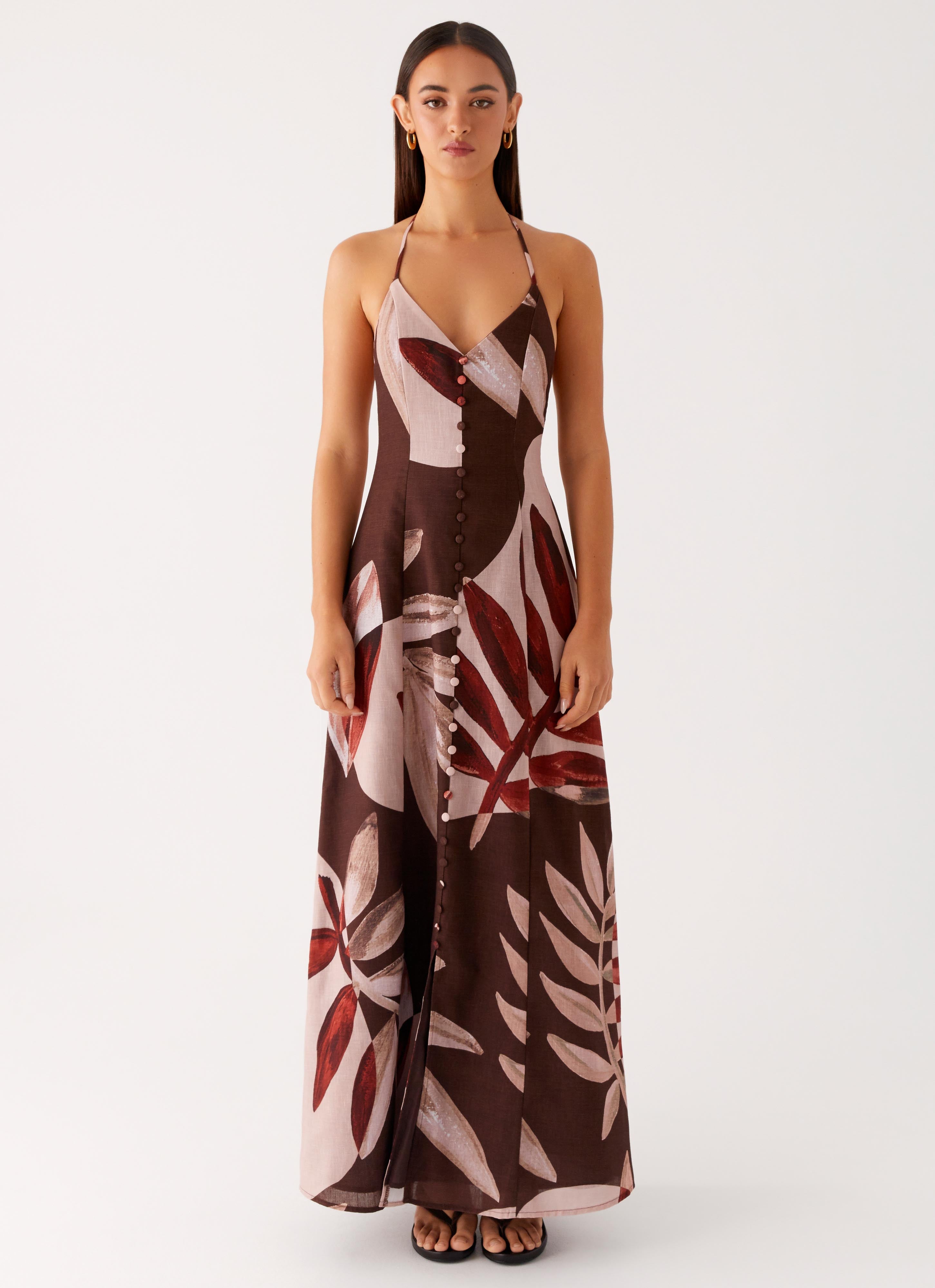 Elegant Autumn Linen Maxi Dress with Cinnamon Palm Print - Perfect for Fall Weddings, Beach Vacations & Boho Fashion